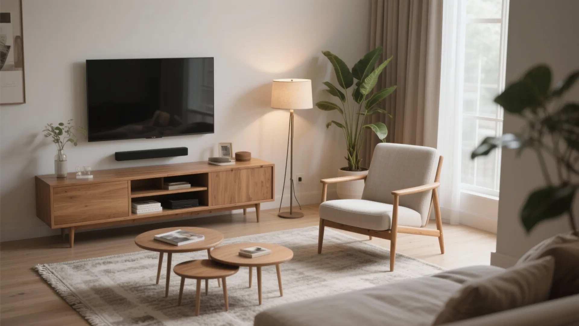 Compact wooden accent chair next to a media unit with room for a floor lamp and plant.