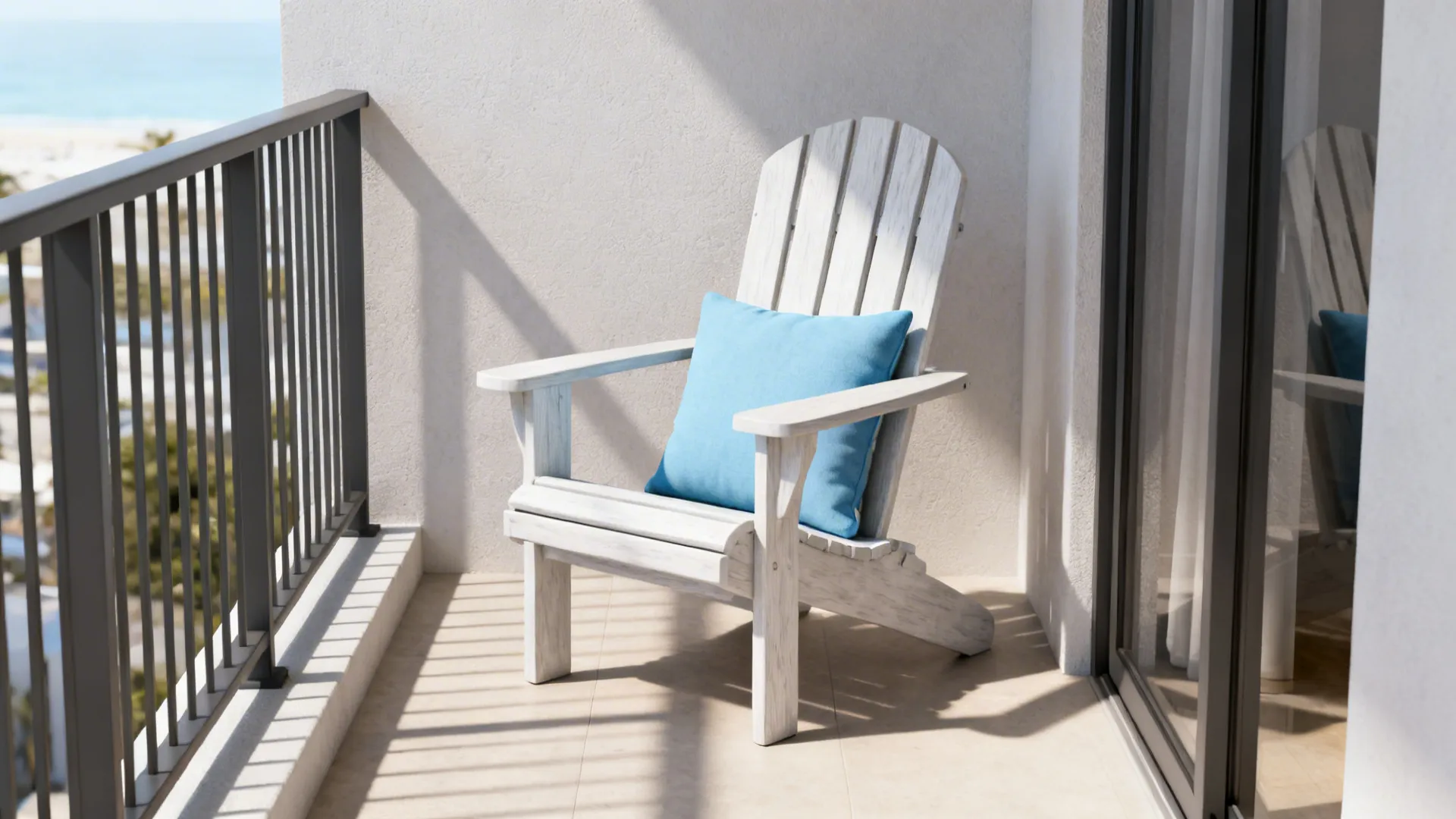 Compact Adirondack-inspired armchair with slim arms in a small coastal interior