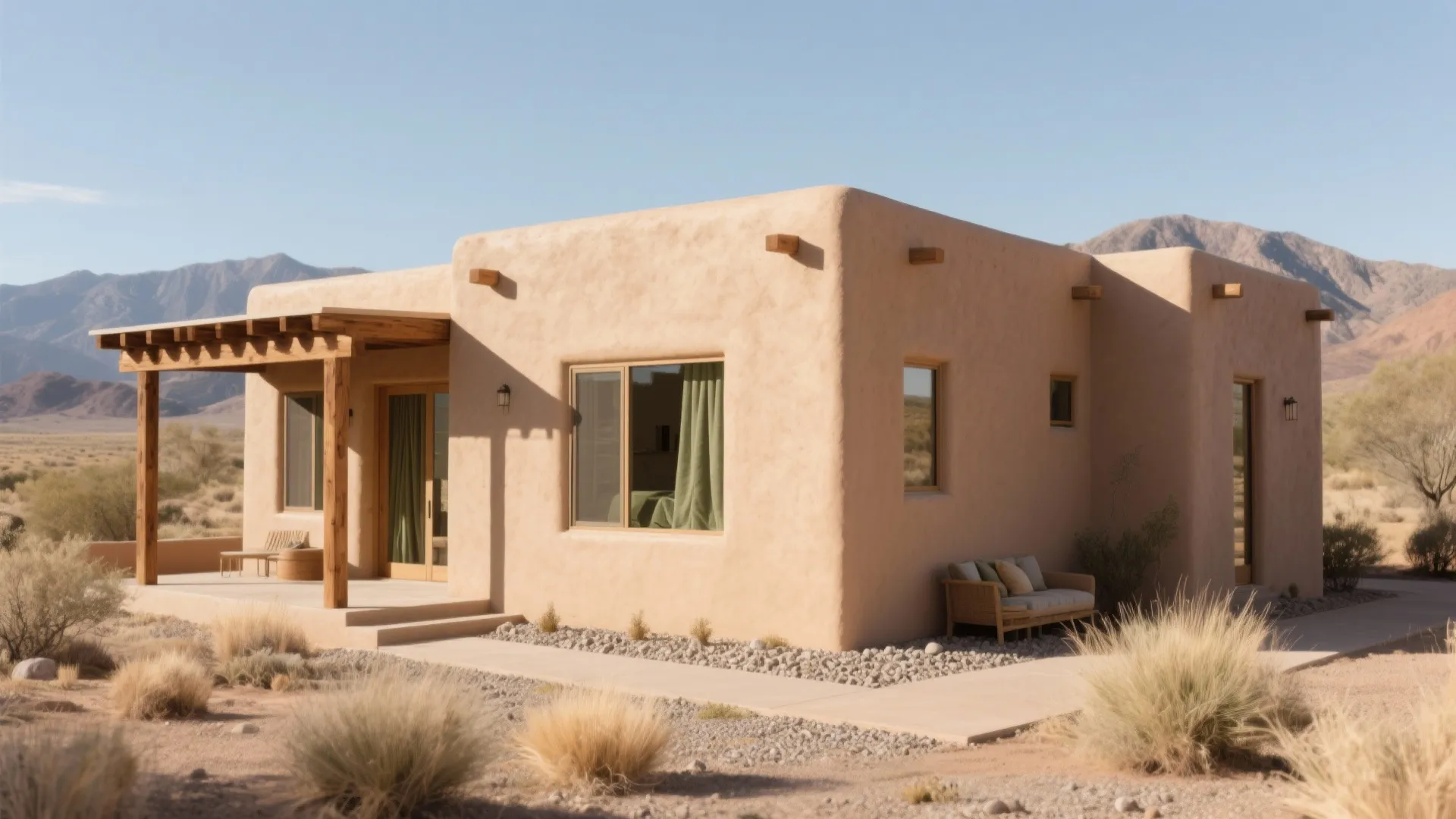 Modern desert house with sand colored walls wooden porch sitting area and mountains under blue sky
