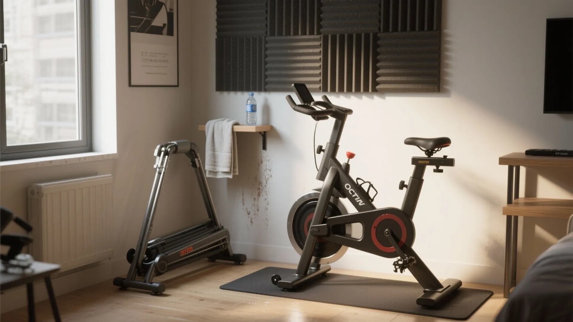 Black stationary exercise bike and folded treadmill placed on wood floor next to white wall