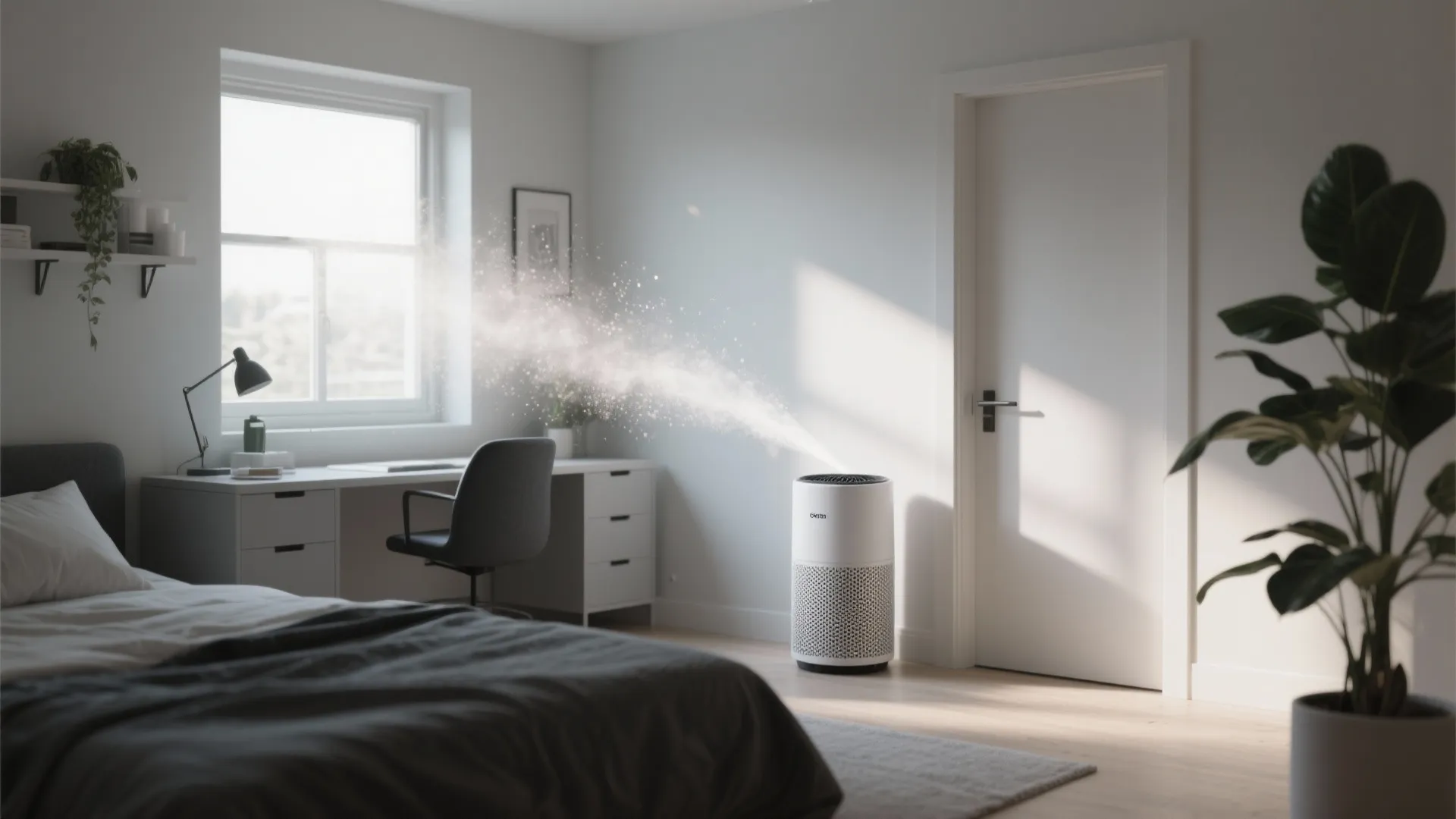 White air purifier cleaning indoor air in modern bedroom with desk bed and green potted plant