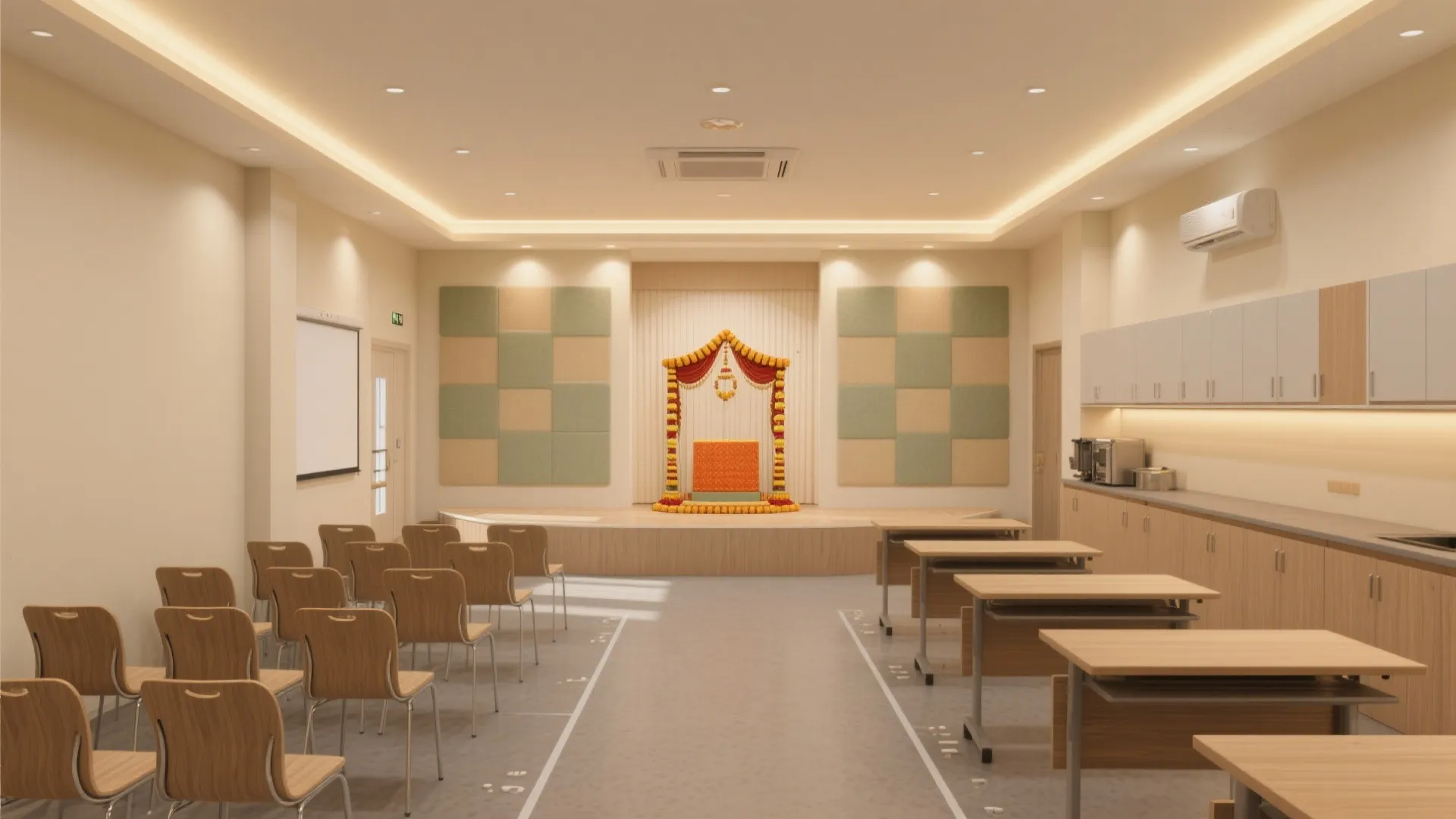 Modern community hall interior design with wooden chairs tables small stage and warm ceiling light