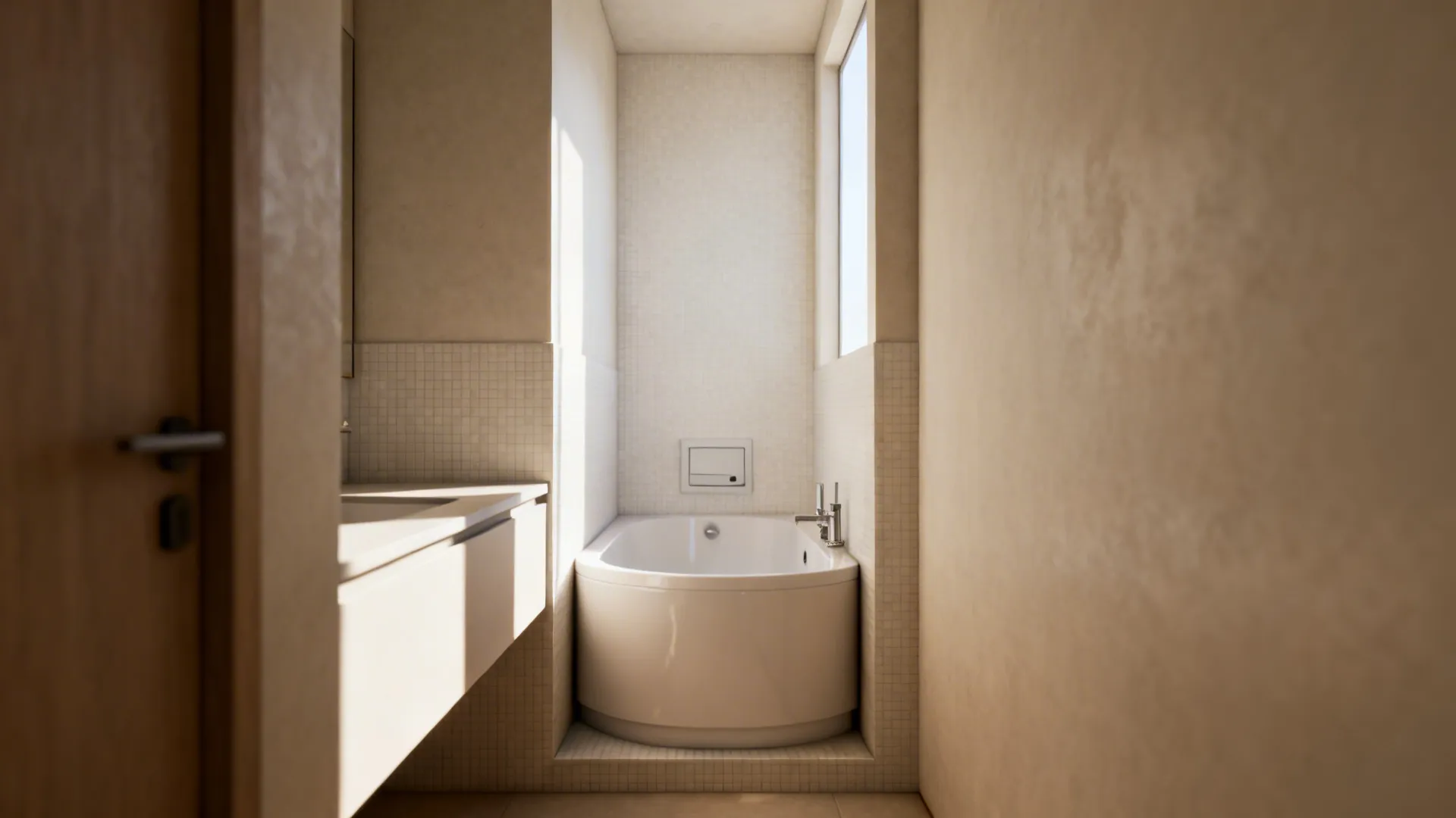 Narrow bathroom with a compact 52-inch alcove tub, floating vanity, and tidy circulation space.