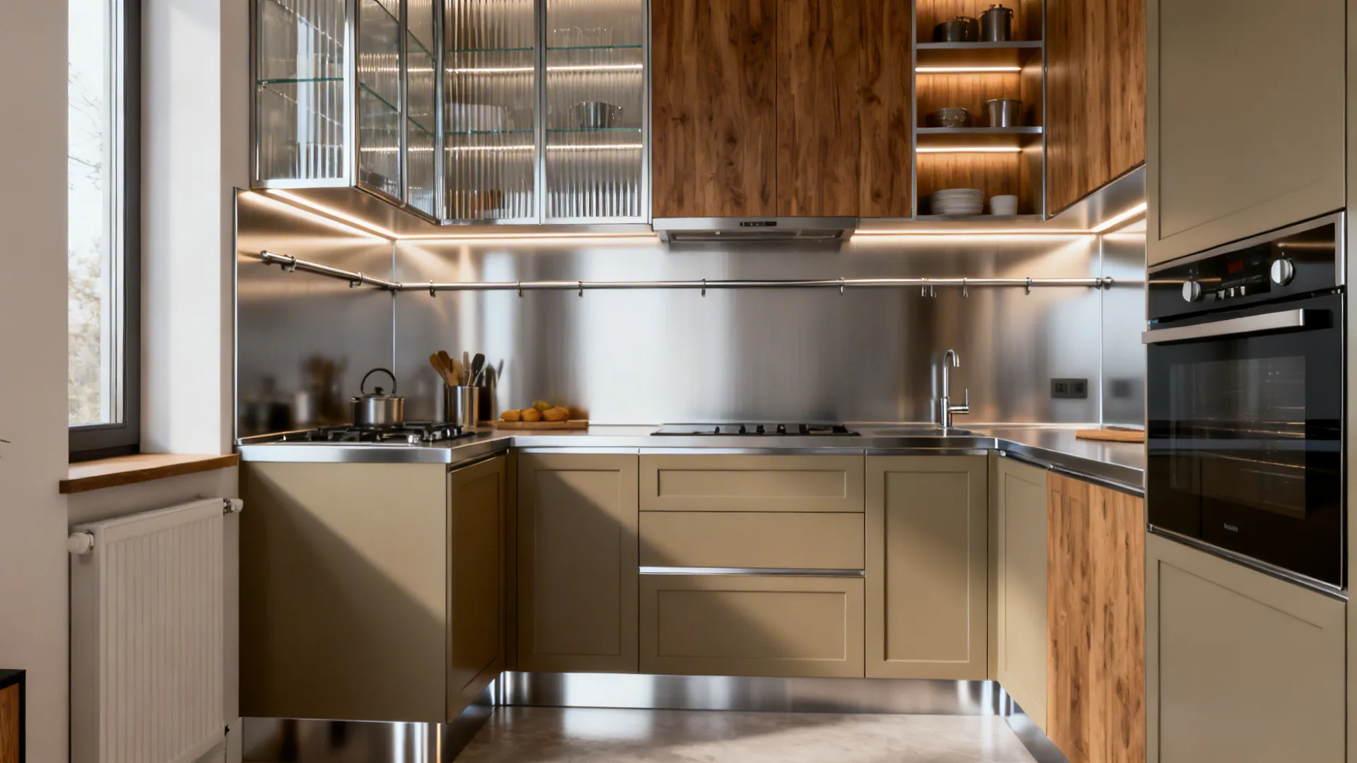 Modern kitchen with brown cabinets metal wall panels glass cupboards oven and warm strip light fixtures