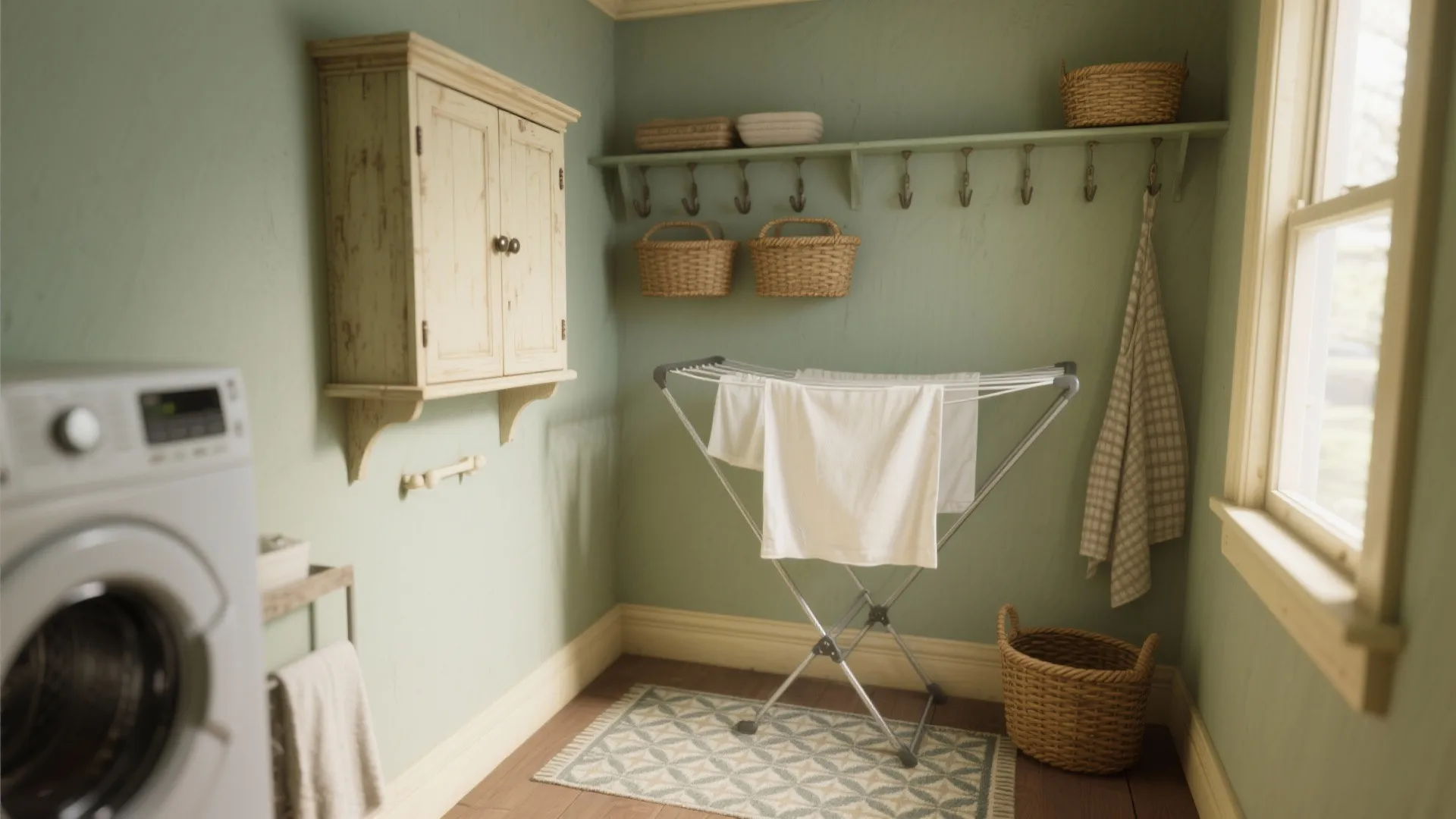 Green laundry room with drying rack and wall cabinet plus washing machine and storage baskets