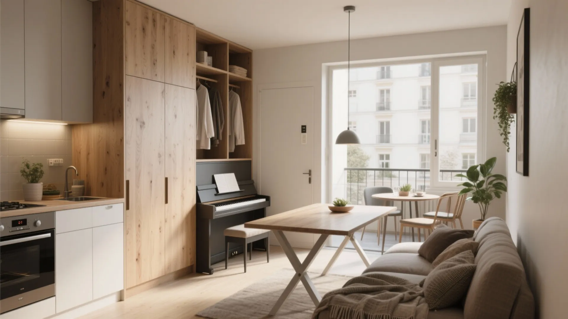 Modern small apartment interior with wooden cabinets a piano dining table sofa and big windows