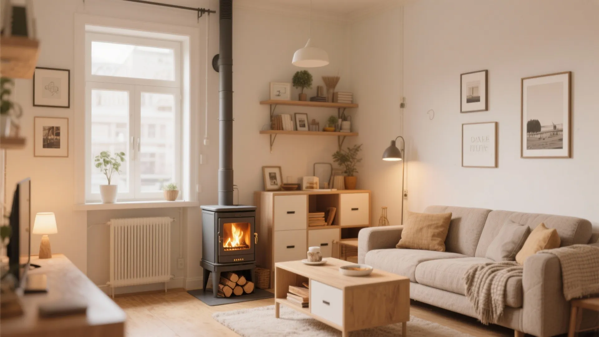 Small apartment living room with a black stove coffee table sofa and wooden storage cabinet