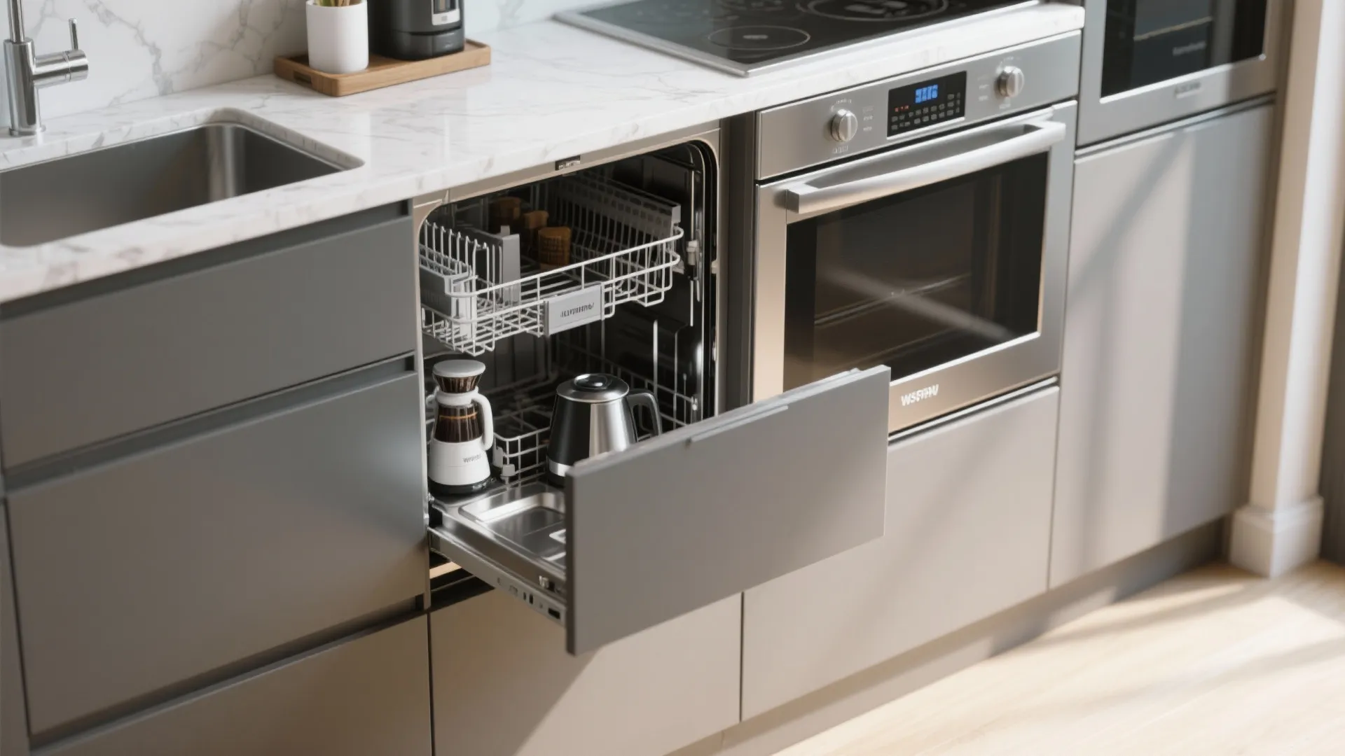 Close up of an open grey dishwasher next to a built-in oven under a marble countertop