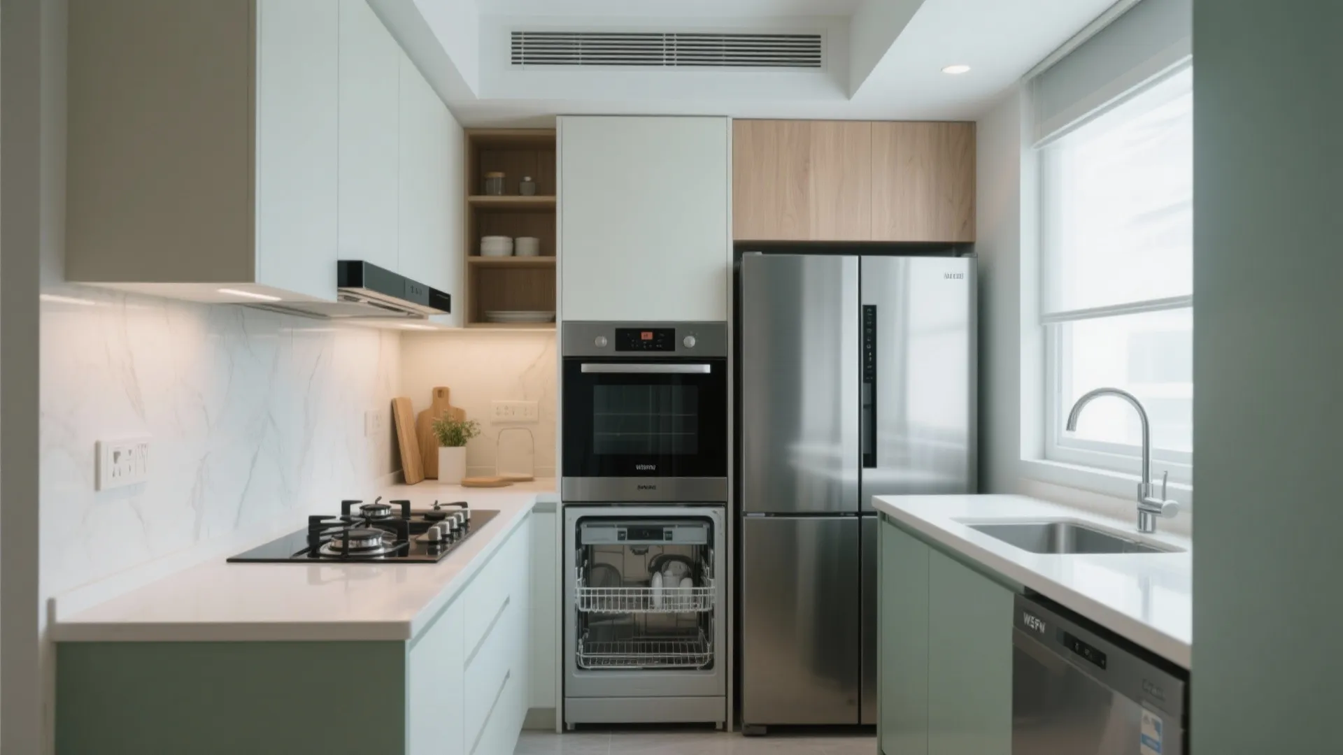 Modern small kitchen with built-in oven dishwasher fridge white countertops and green cabinets with light