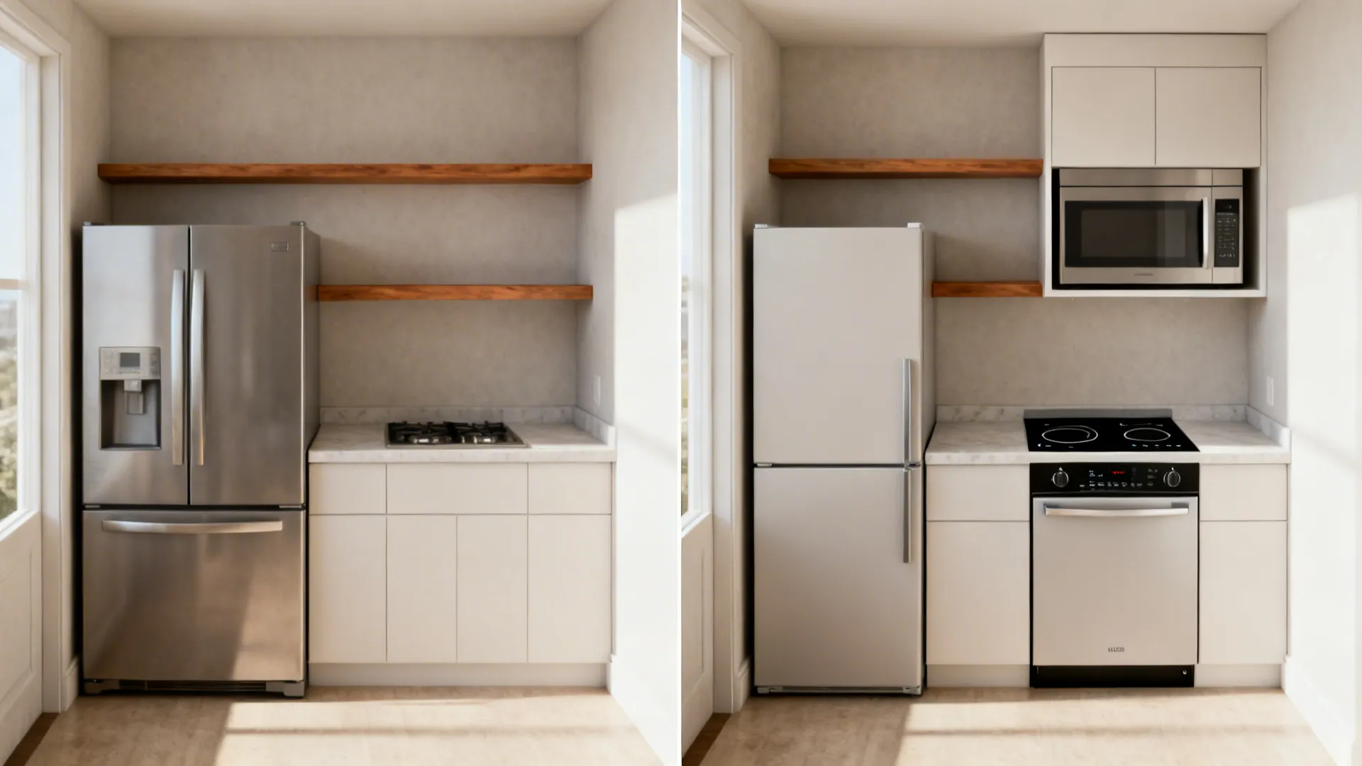 Before-and-after view showing bulky appliances replaced by compact, integrated models in a 5×6 kitchen.