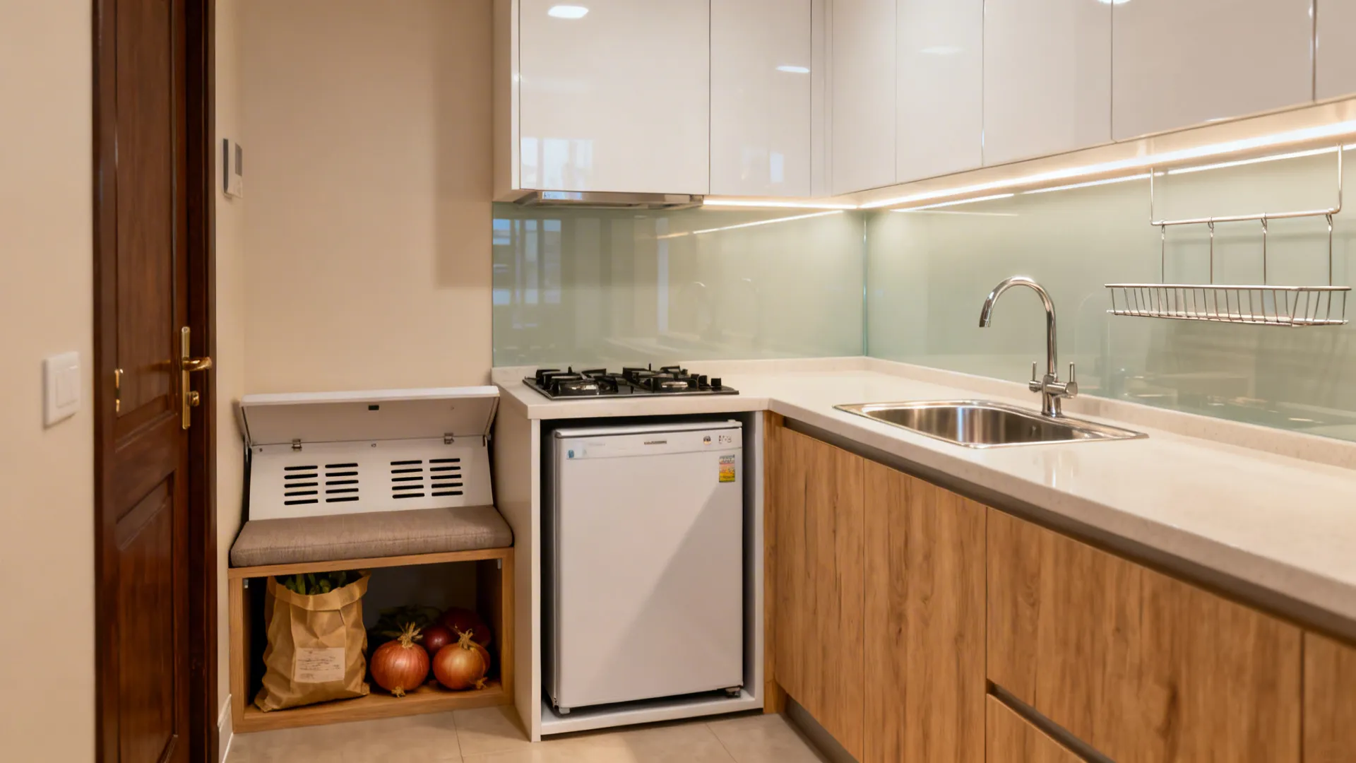 Compact kitchen with recessed counter-height fridge and a ventilated bench with flip-up storage near the door.