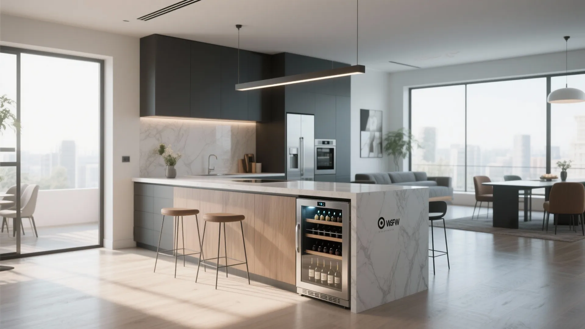 Modern kitchen with marble island wine fridge wood bar stools black cabinets and bright daylight