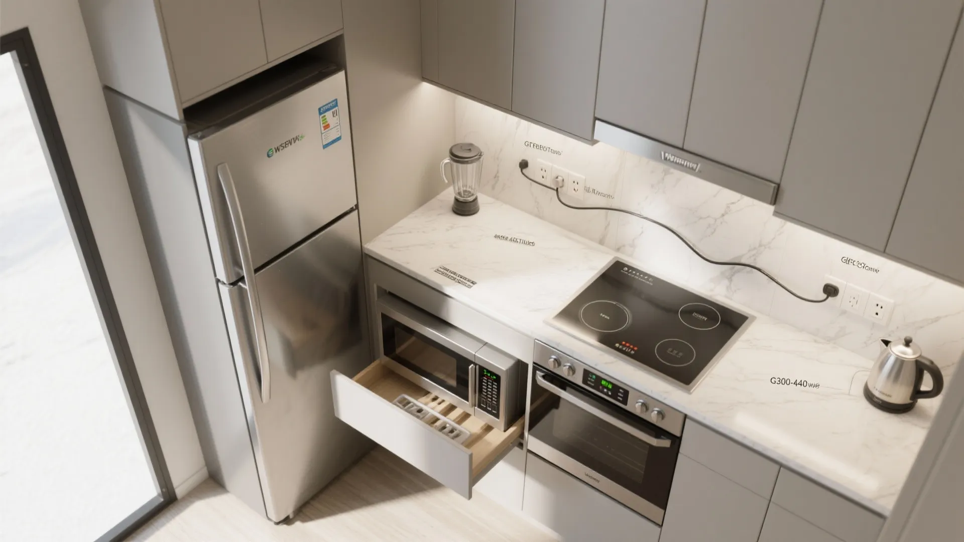 Modern kitchen with silver fridge microwave oven electric stove marble countertop and grey wooden storage cabinets