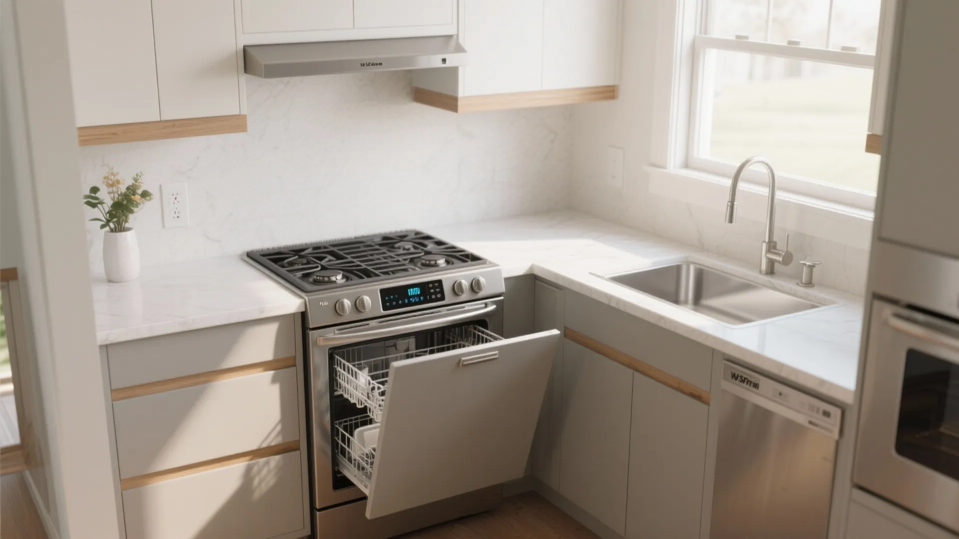 Modern kitchen with white cabinets marble countertop gas stove and open dishwasher for small space design