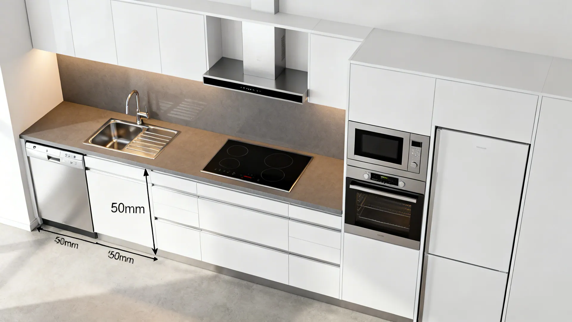 Top-down plan showing a 450 mm dishwasher, shifted sink, slim induction, and integrated oven-microwave in a small kitchen.