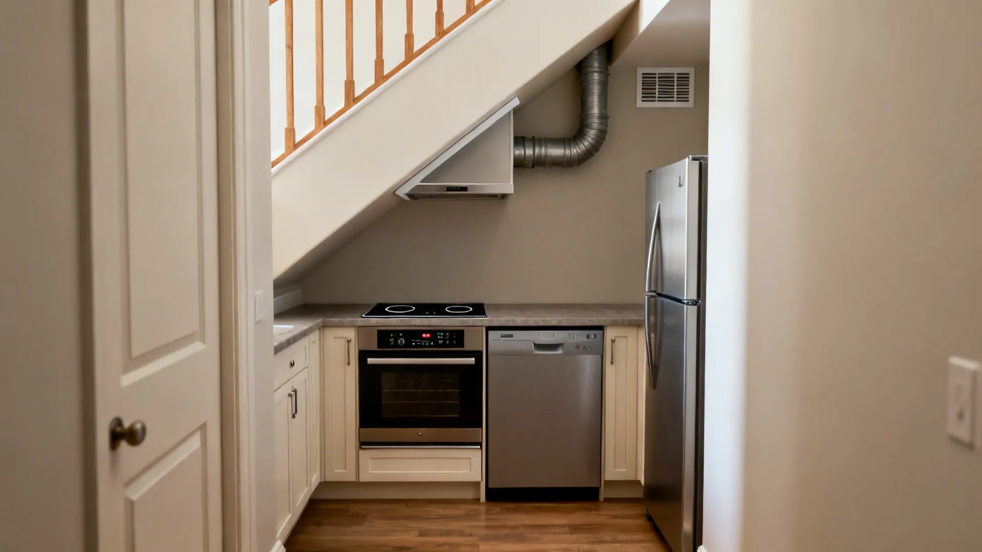 Under-stair kitchen with 24-inch induction, drawer dishwasher, and low-profile hood