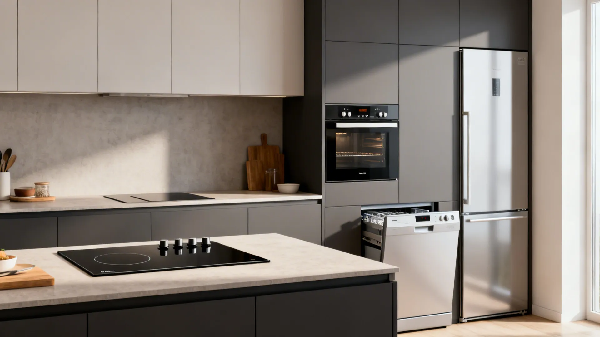 Modern kitchen with grey cabinets featuring an oven fridge dishwasher and stove in a bright room