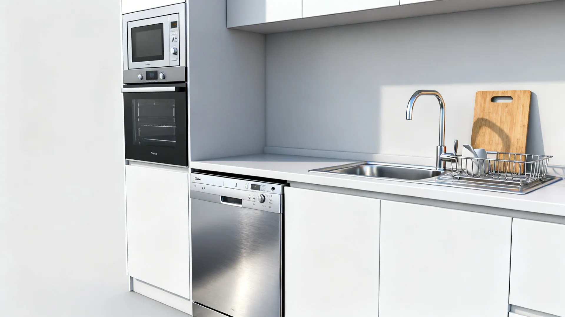 Modern white kitchen layout with built-in oven microwave dishwasher sink faucet and wooden cutting board