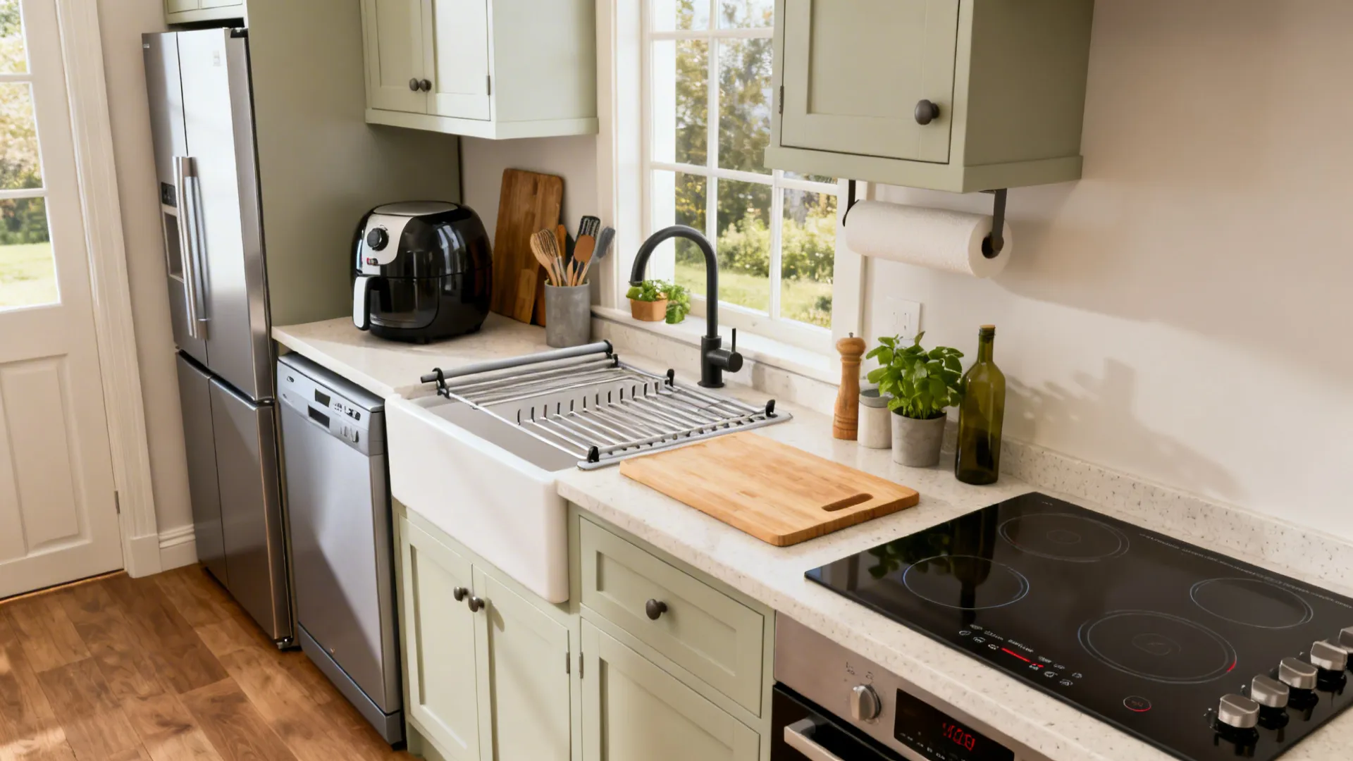 Small kitchen with a 45 cm dishwasher, 600 mm fridge-freezer, induction hob, and over-sink board for extra prep space.