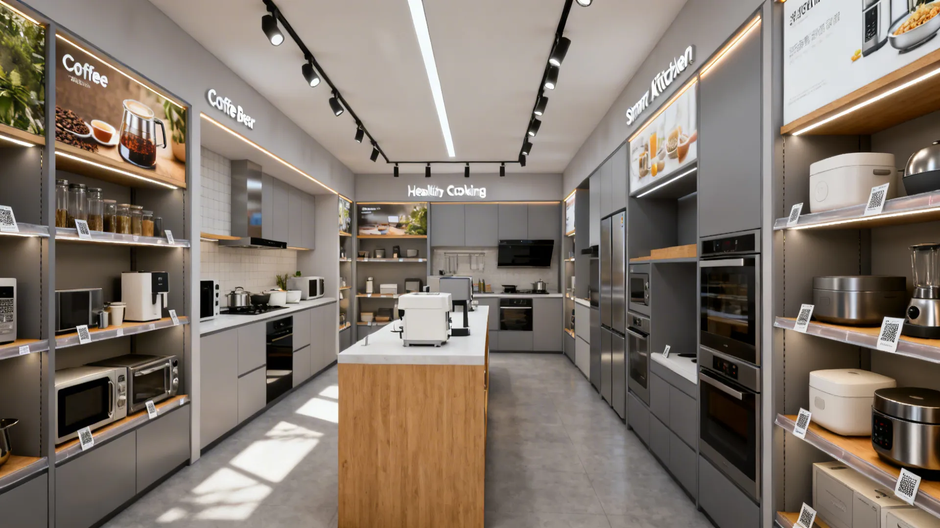 Modern kitchen appliance showroom with wooden island grey cabinets ovens microwaves and black track ceiling light