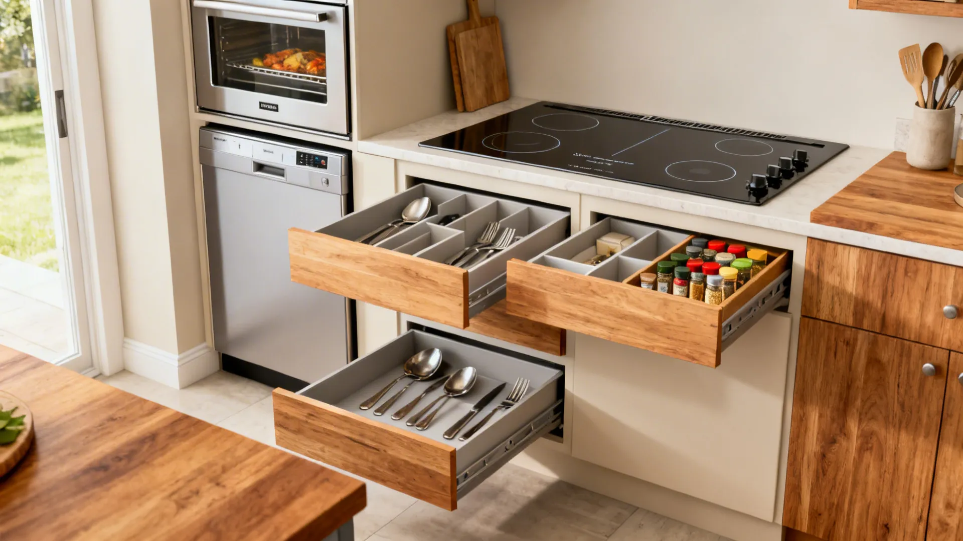 Open kitchen drawers showing organized spoons forks and spice bottles near stove and silver dishwasher