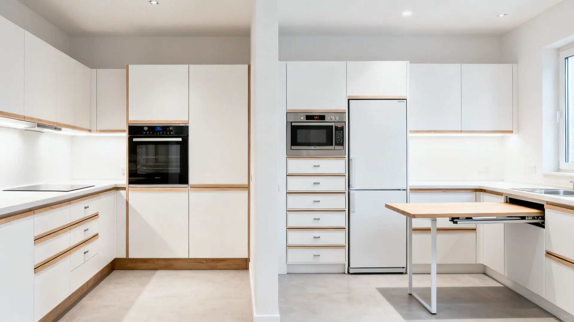 Before-and-after comparison showing a smaller combi oven and counter-depth fridge freeing storage and space.