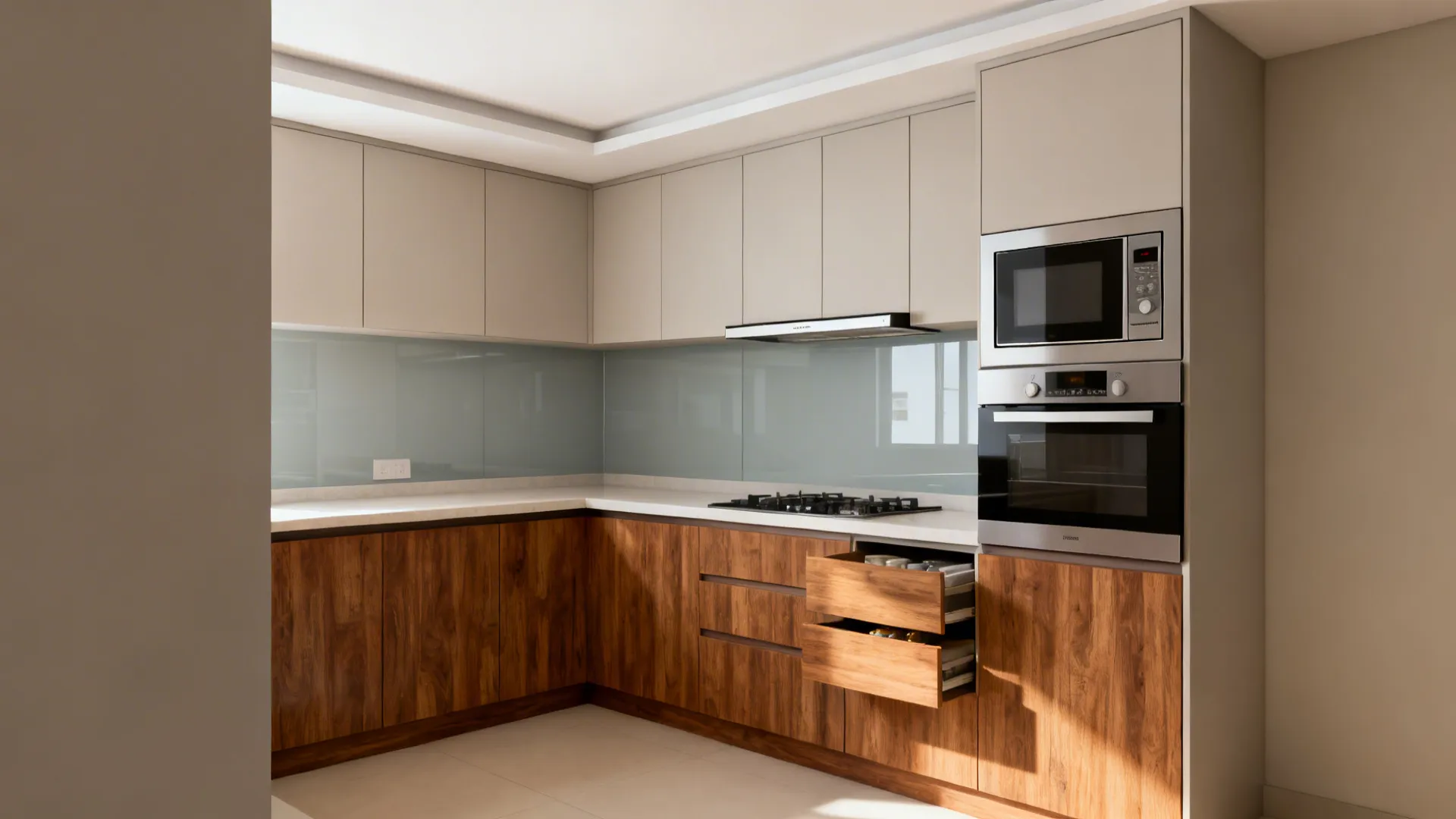 Compact modular kitchen with a slim hood and built-in combi microwave enabling more drawers.