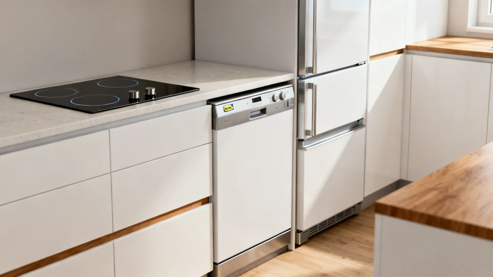 Small kitchen with panel-ready compact appliances and a two-burner induction cooktop.