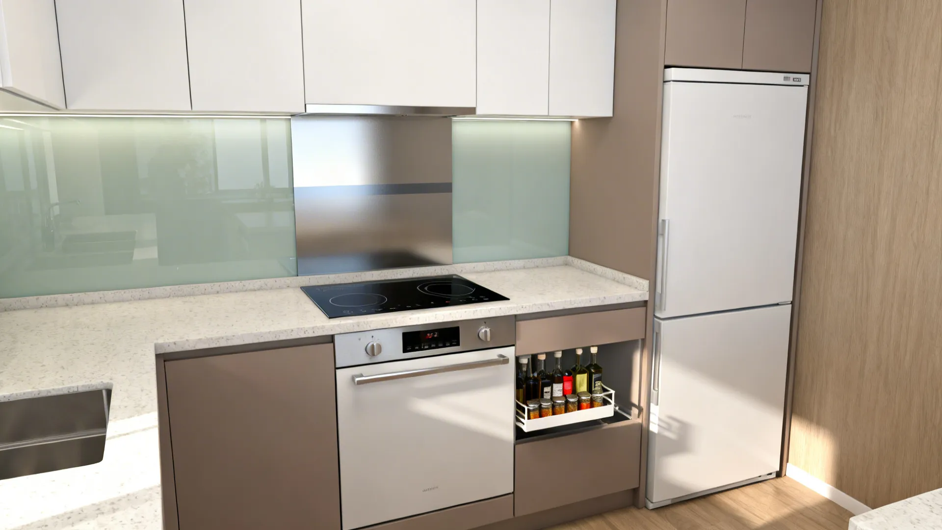 Small kitchen with a 24-inch induction range, counter-depth fridge, and a slim spice pull-out.