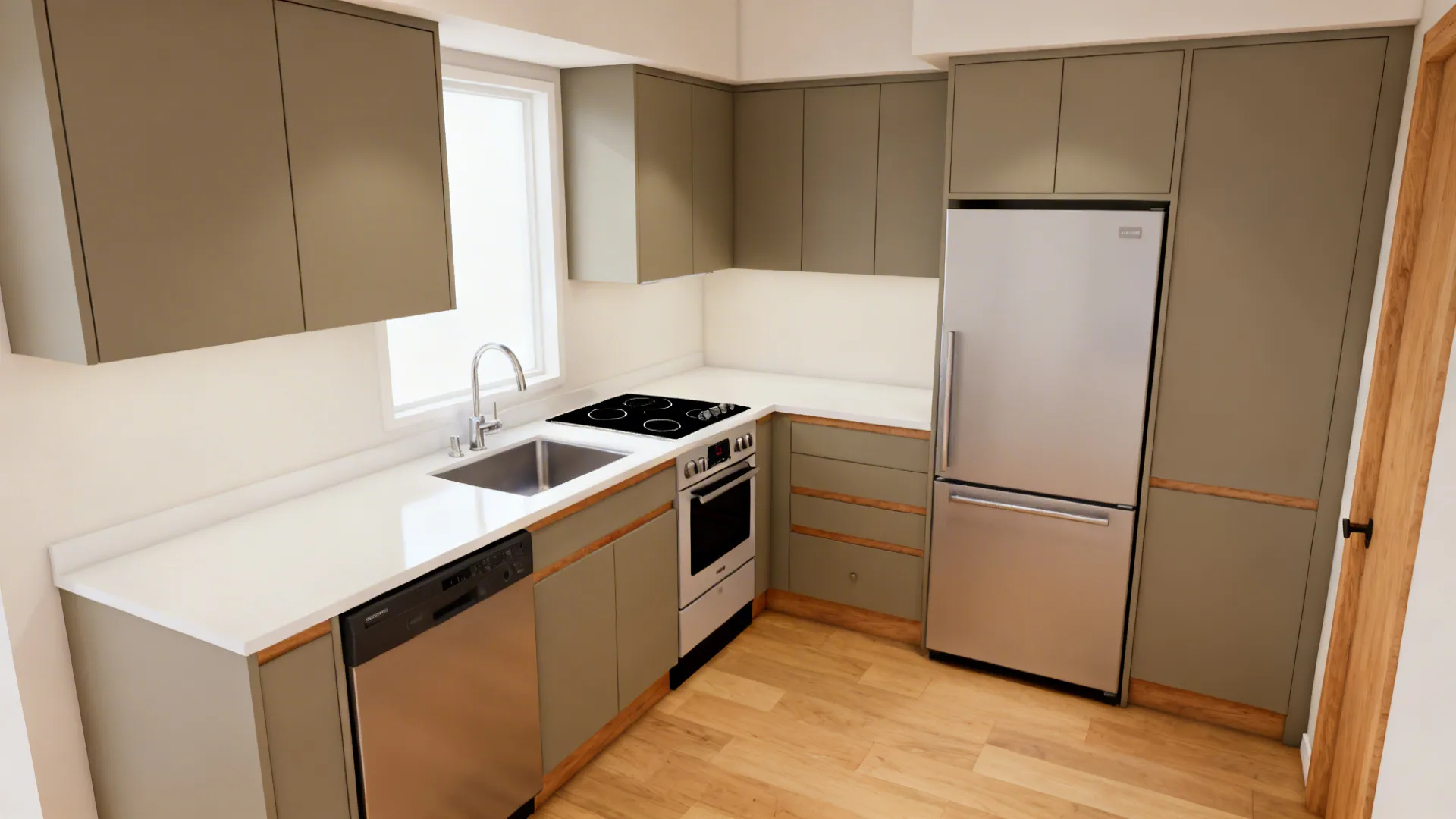 Small kitchen with 24-inch range, counter-depth fridge, and a clear prep zone.