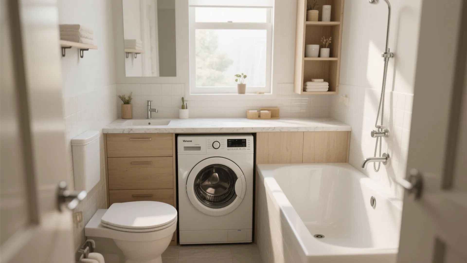 Compact bathroom featuring white washing machine under marble counter with wooden cabinet next to bathtub