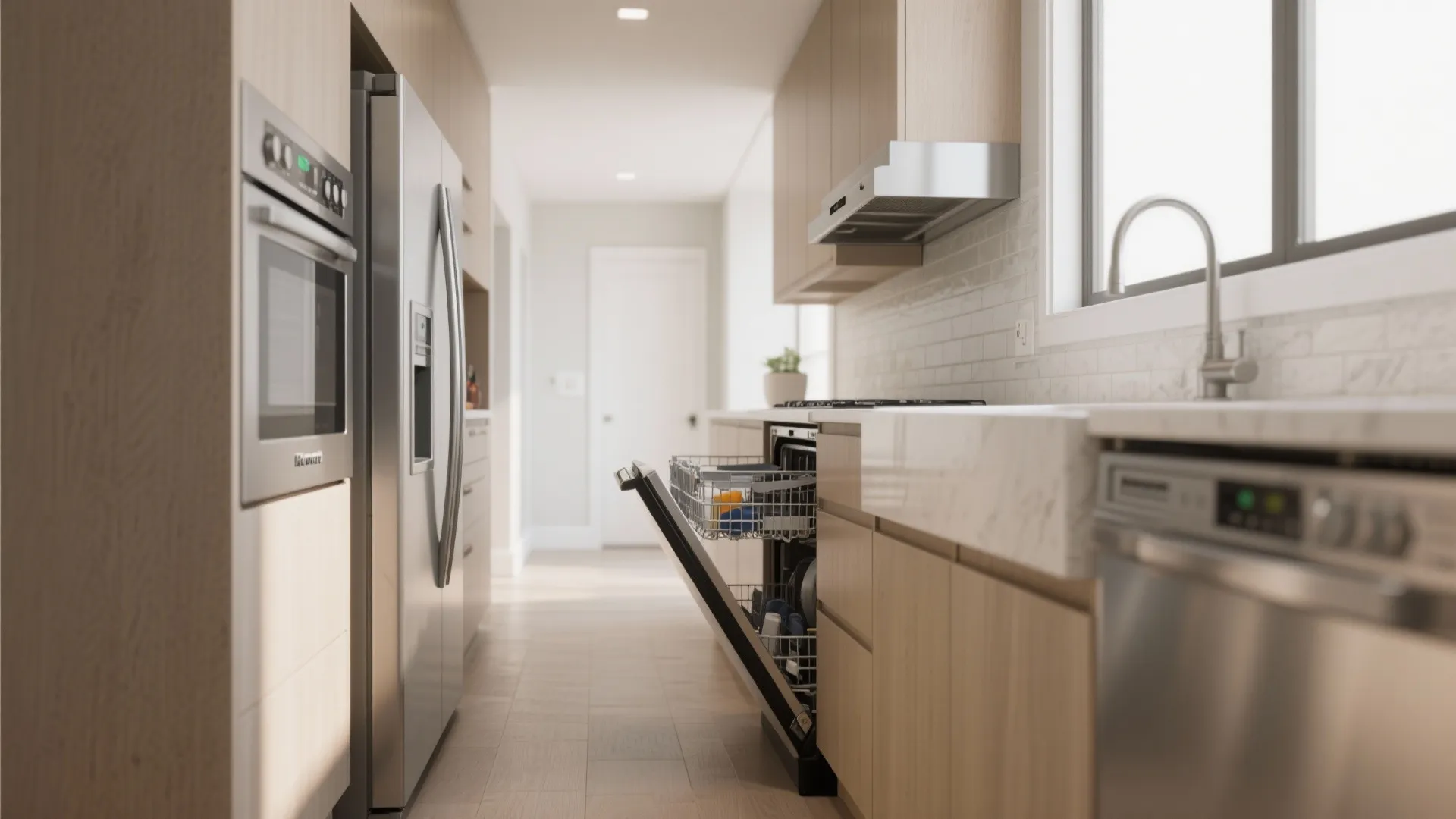 Galley kitchen with open dishwasher built in oven silver fridge white sink and light wooden cabinets