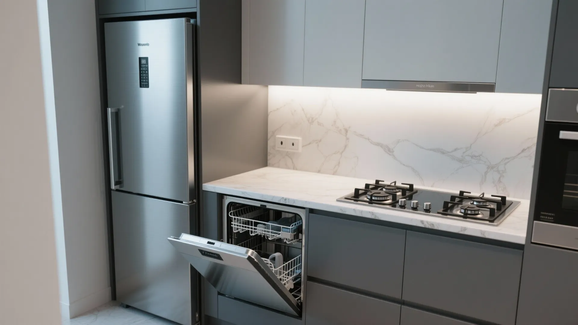 Grey kitchen interior featuring open dishwasher stainless steel fridge gas stove and marble wall design