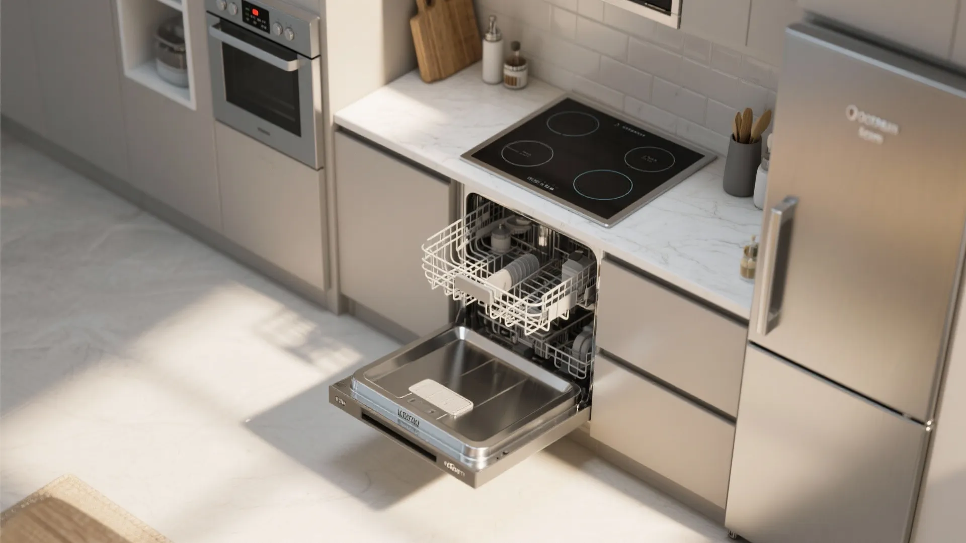 Modern kitchen featuring open dishwasher marble countertop electric stove and silver fridge in bright room layout