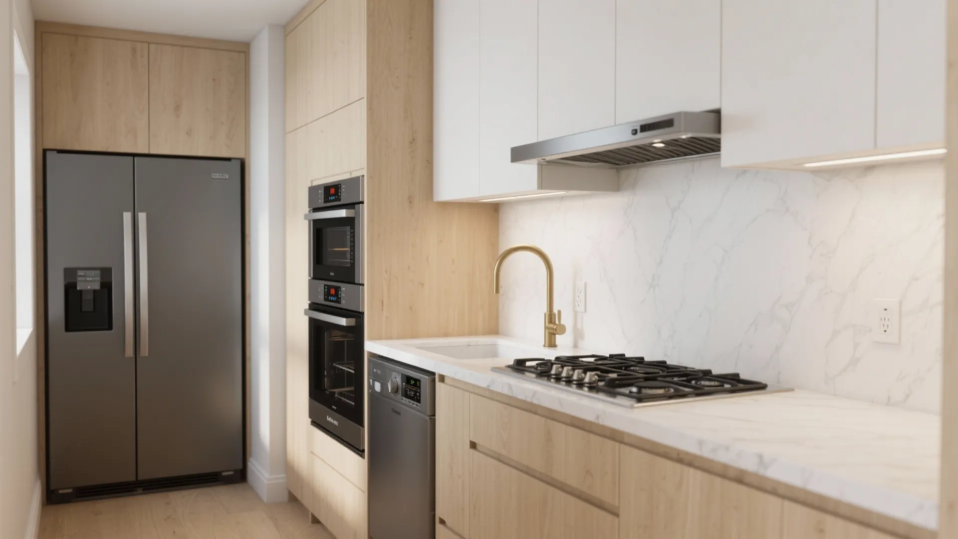 Compact modern kitchen design with wood cabinets built in ovens large grey fridge and gold faucet