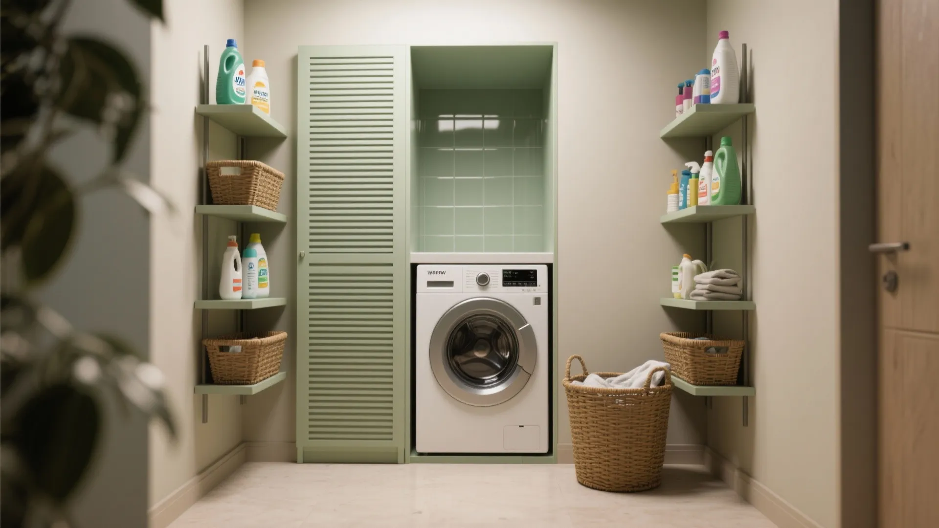 Small laundry room with washing machine green wall shelves woven baskets and various cleaning supplies