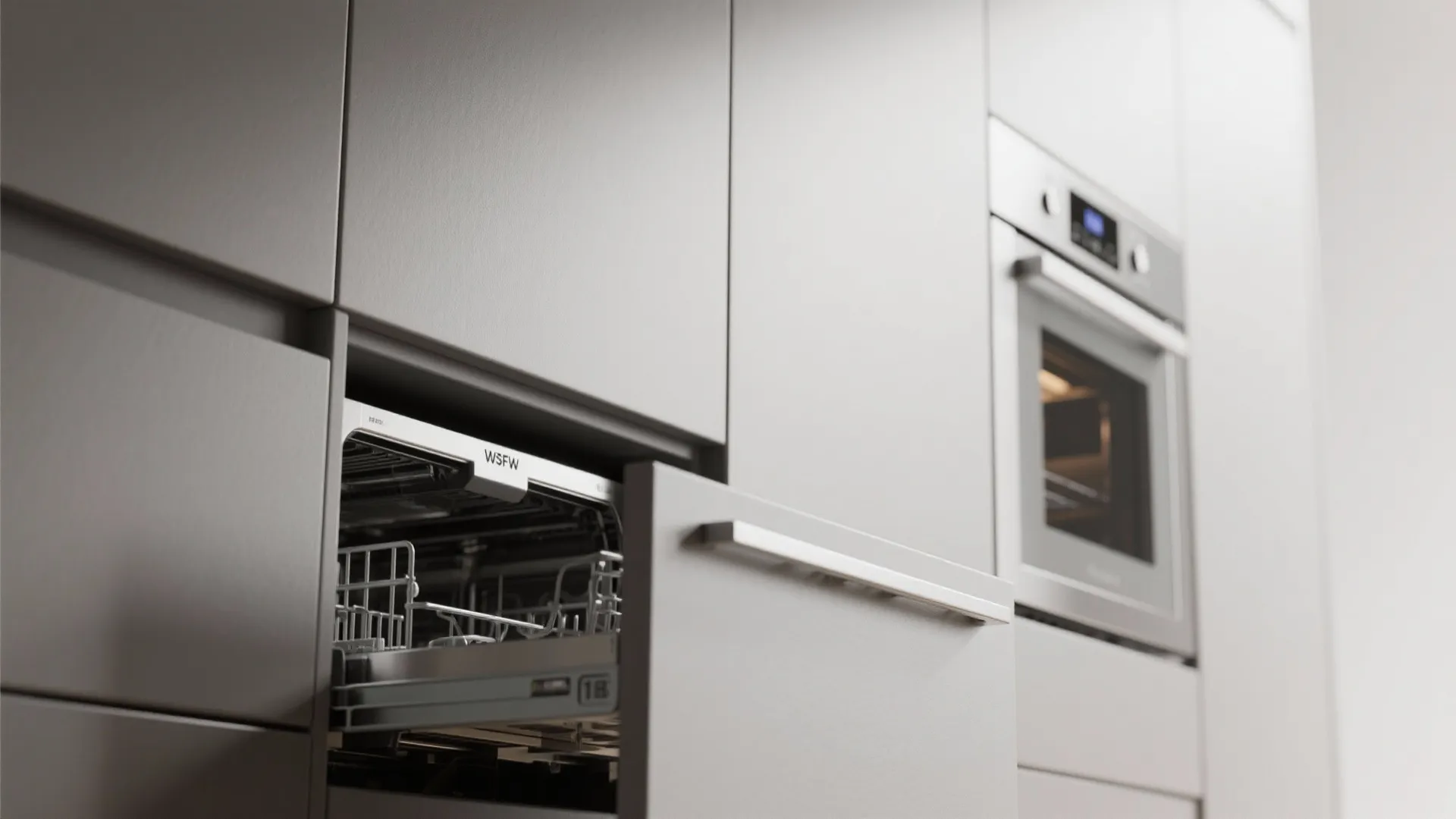 Modern grey kitchen cabinets with an open built-in dishwasher and a small oven in background