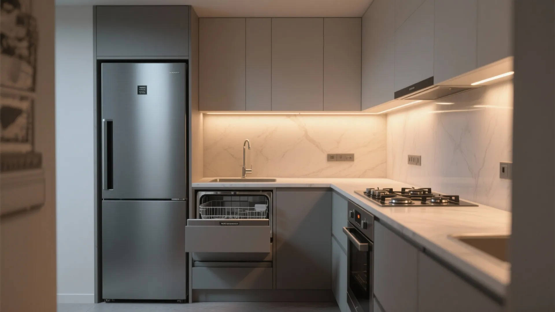Grey kitchen cabinets with a stainless steel fridge and a small open dishwasher under sink