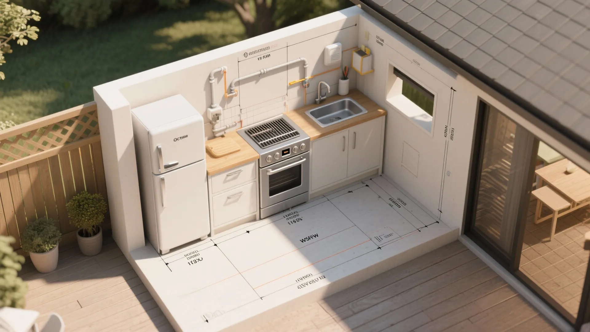 Interior design drawing showing white outdoor kitchen with fridge stove sink and floor plan measurements
