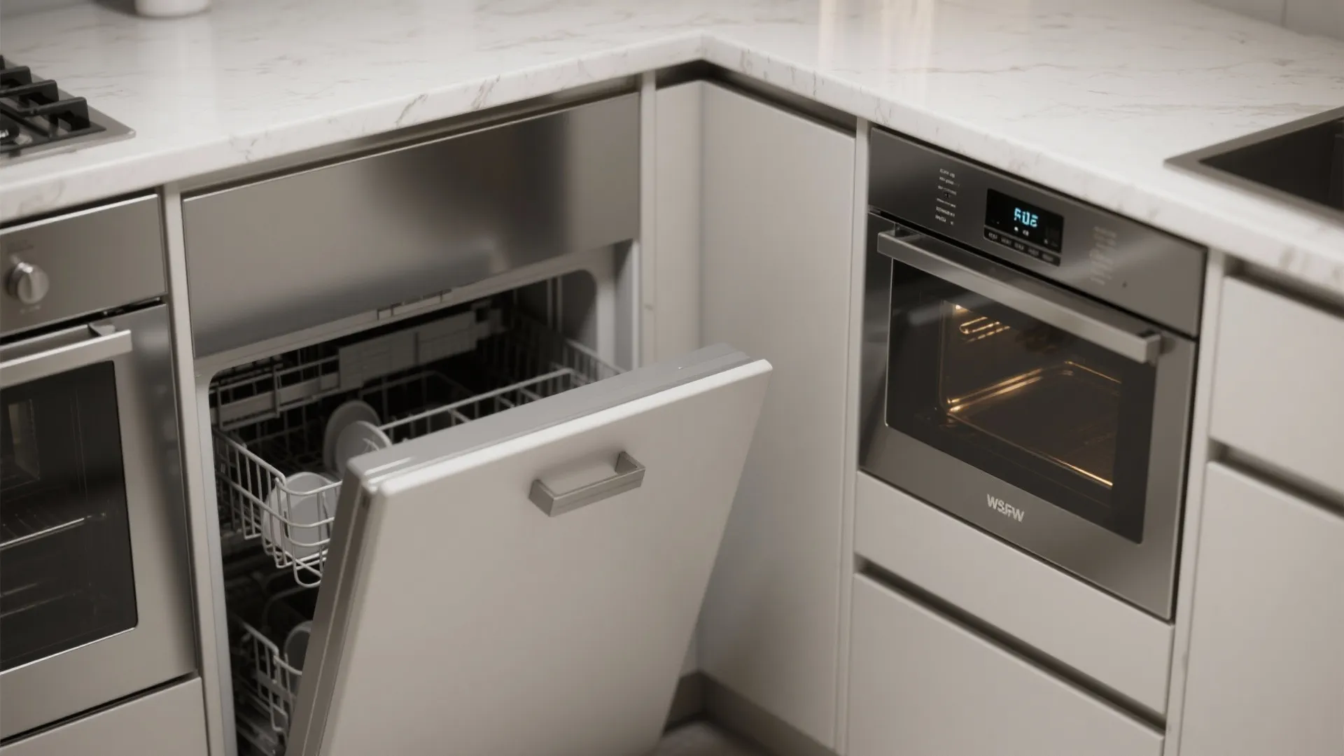 Modern kitchen with white cabinets marble countertop open dishwasher and a small oven with light