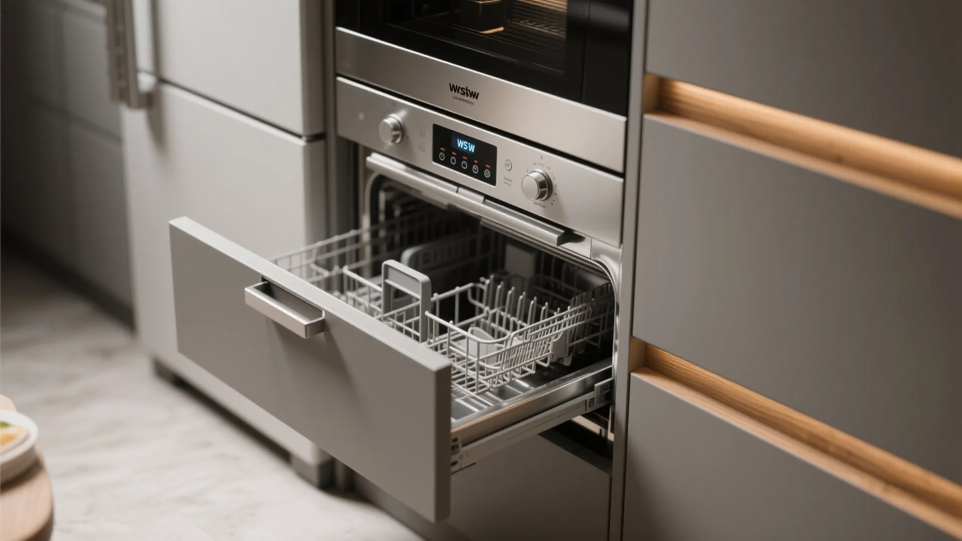 Built in silver oven and open dishwasher inside modern grey kitchen cabinets with warm lighting
