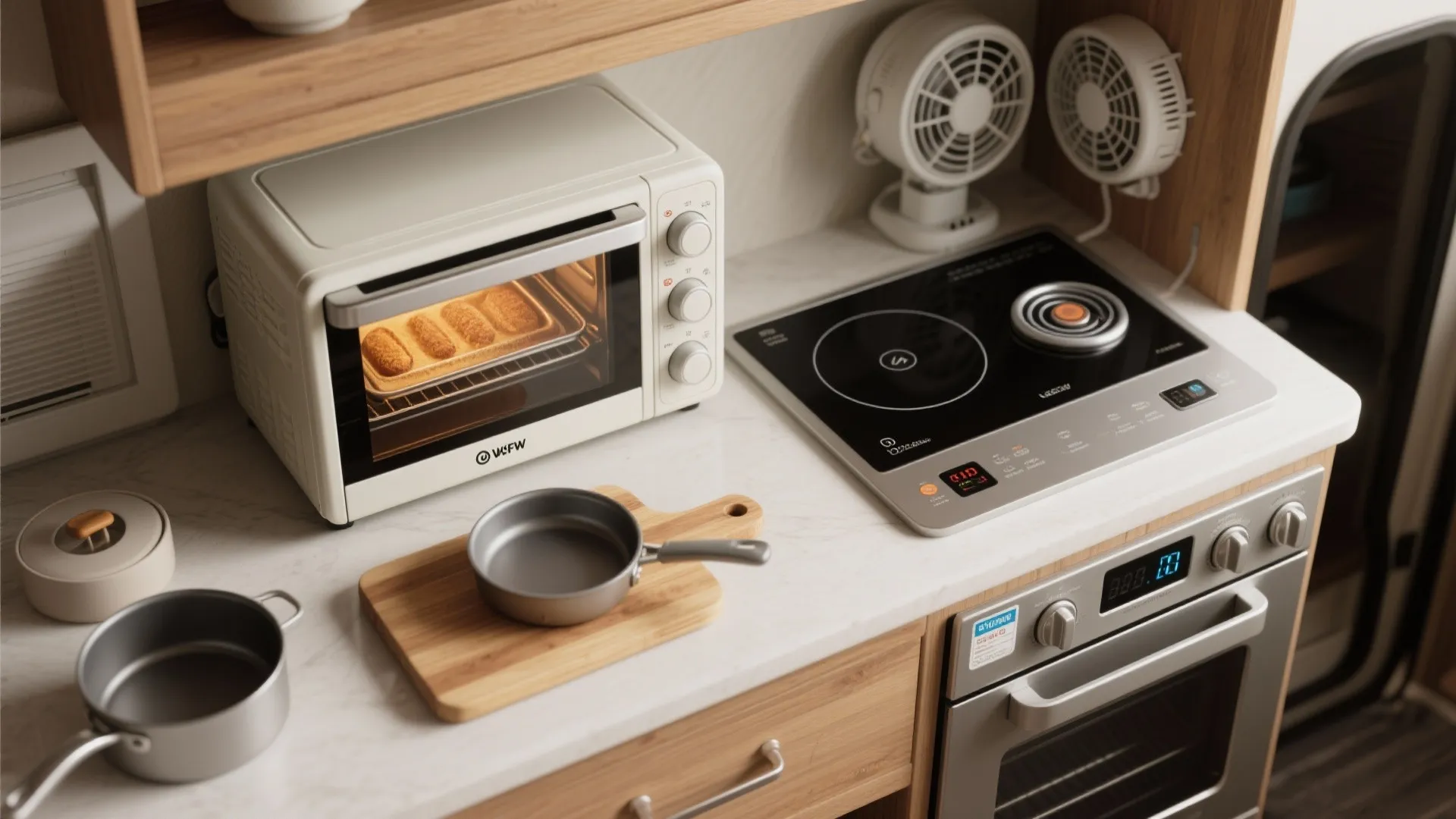 Small kitchen counter with white toaster oven electric cooktop pots and wooden cutting board inside
