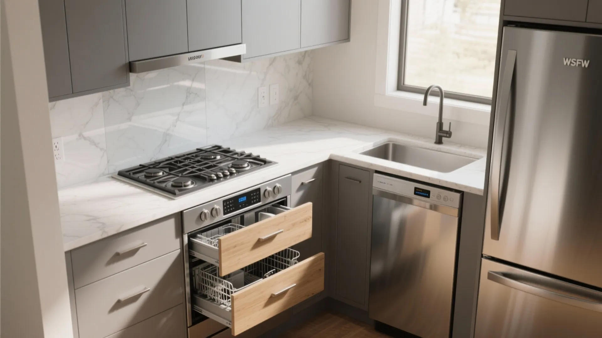 Modern grey kitchen with open dishwasher drawers marble countertop stainless steel fridge and black sink tap