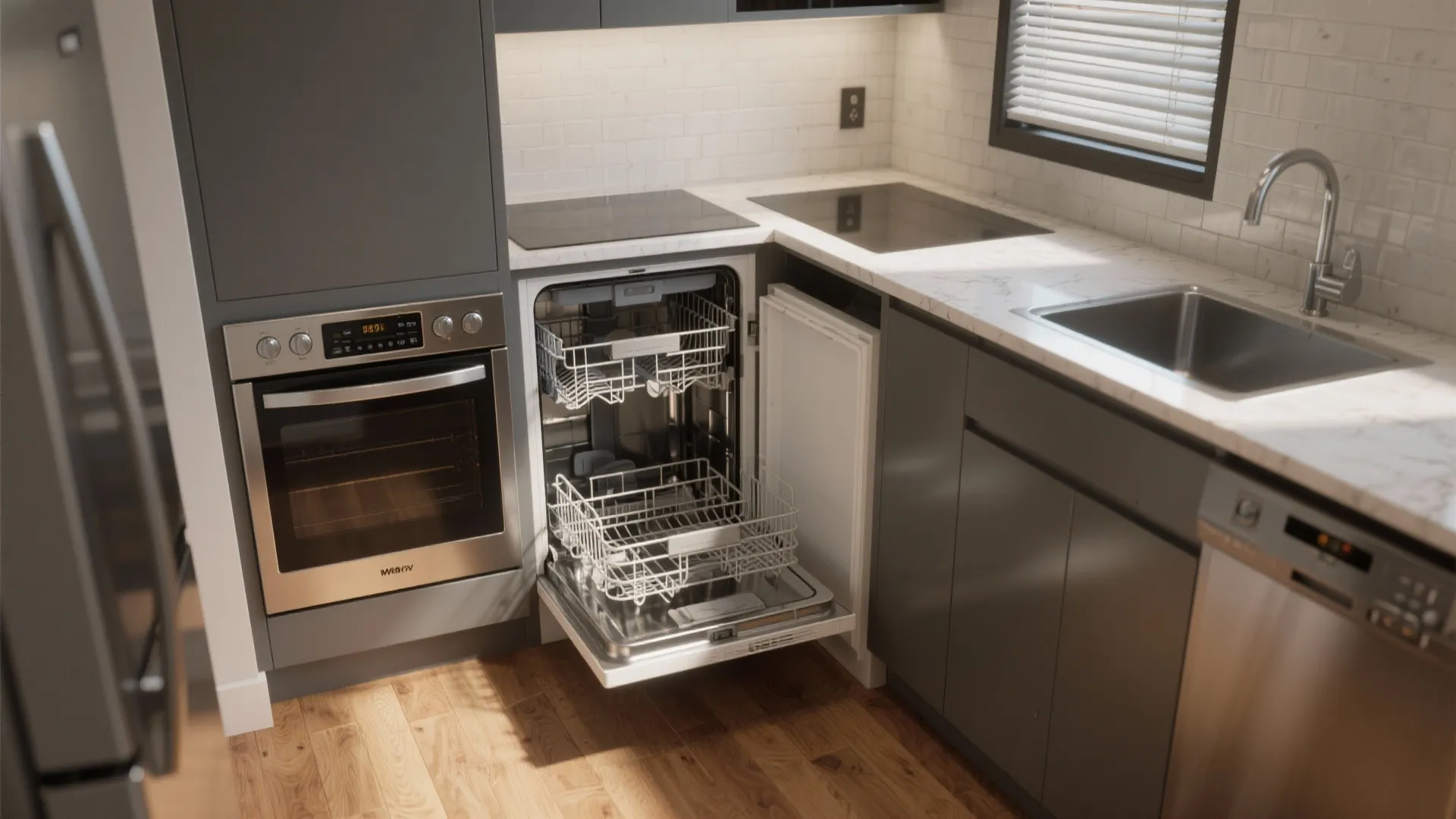 Modern grey kitchen featuring an open dishwasher next to a built-in oven and white countertop