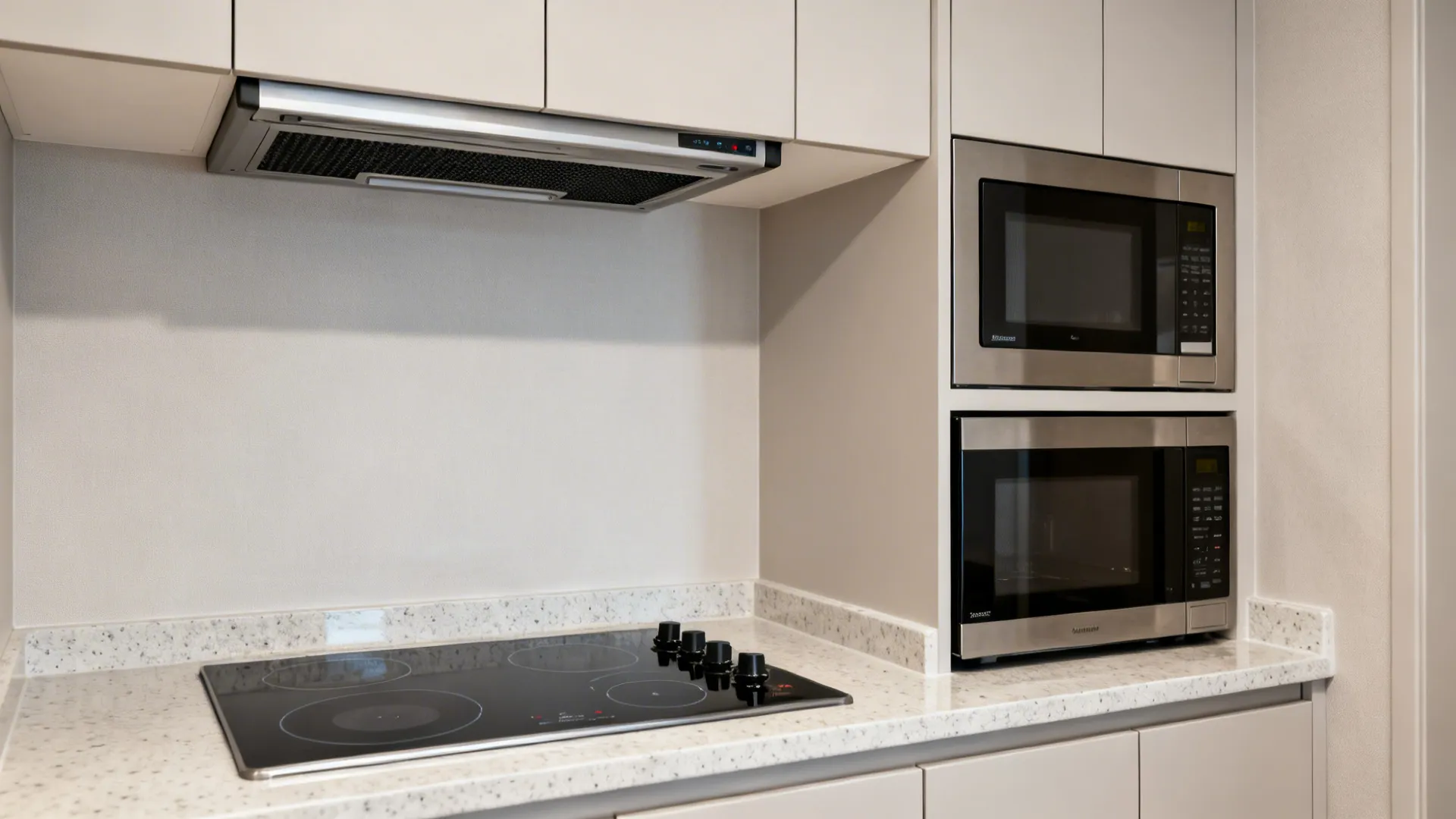 Compact hotel kitchenette with induction cooktop, combo microwave-oven, and discreet recirculating hood.