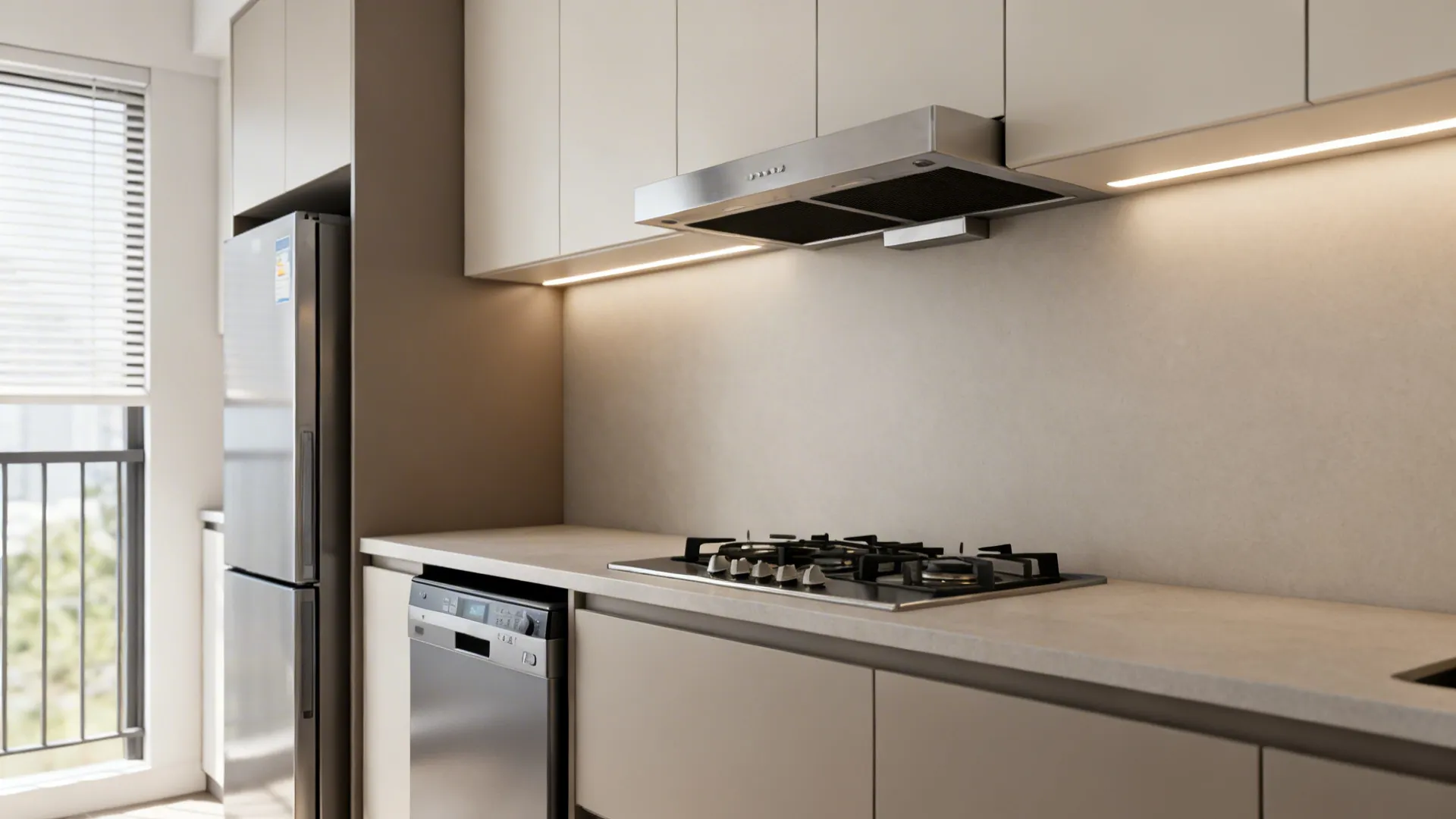 Counter-depth fridge, slim dishwasher, and baffle-filter hood in a compact HDB kitchen.