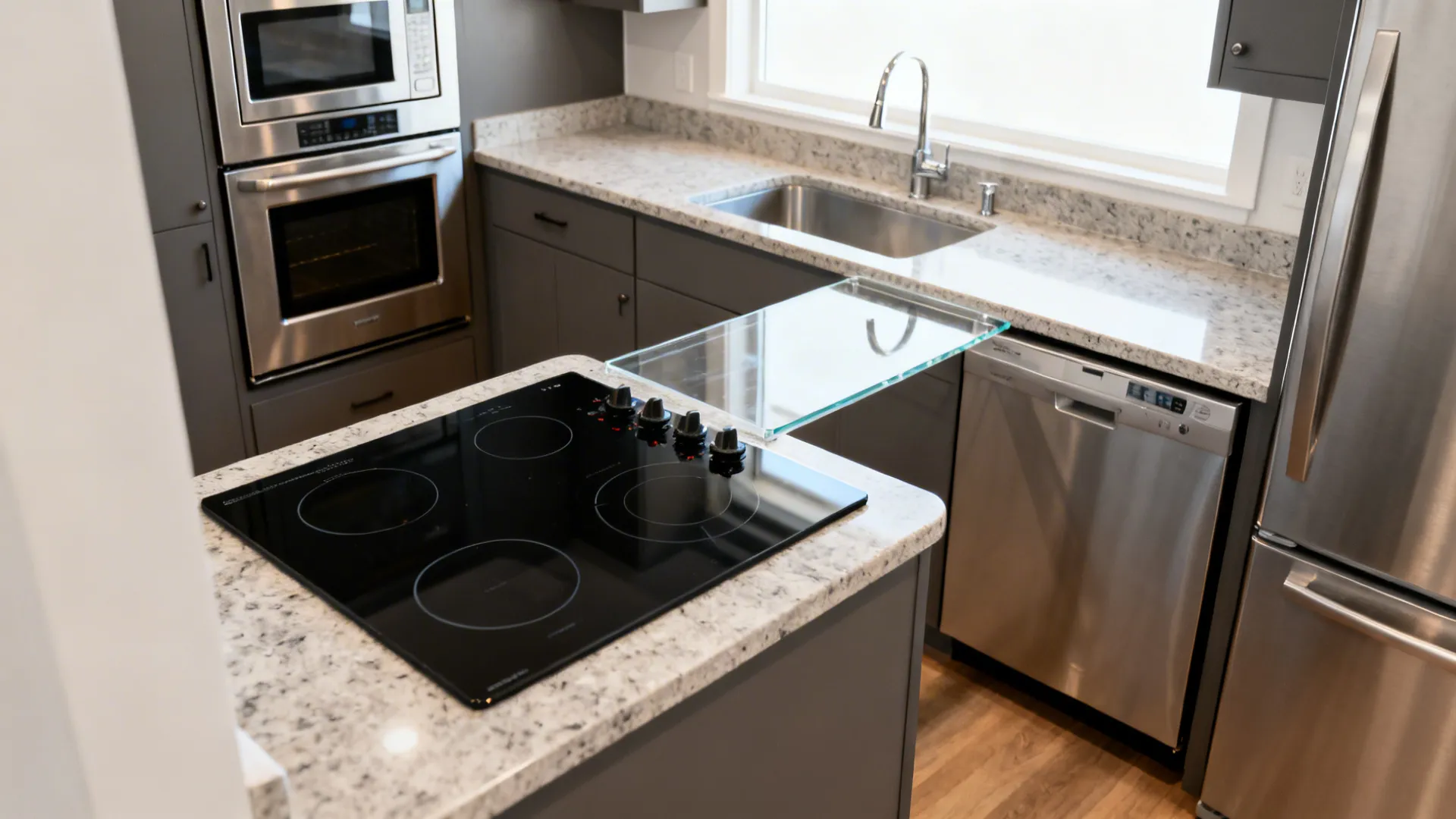 10x7 kitchen with 24-inch induction cooktop, 24-inch wall oven, and integrated 18-inch dishwasher creating extra prep space.
