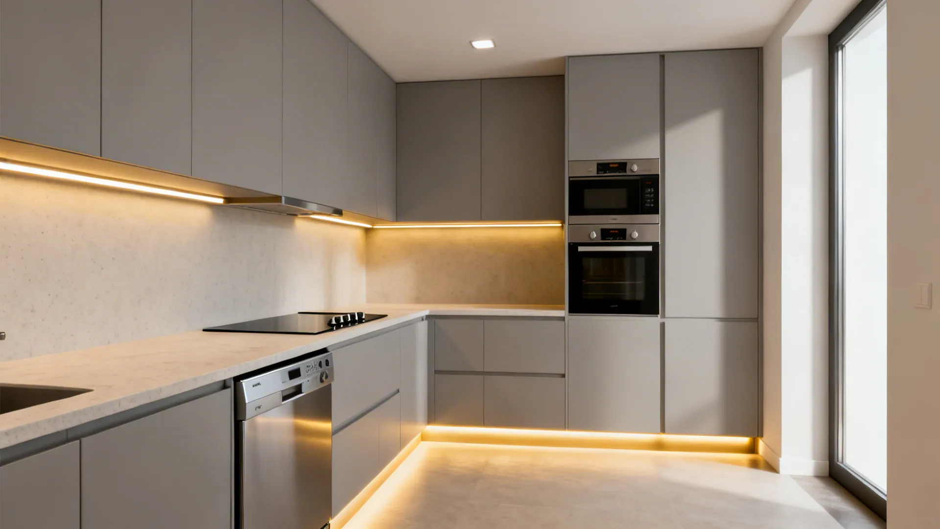 Compact modular kitchen with a combi-oven, 45 cm dishwasher, and layered lighting.