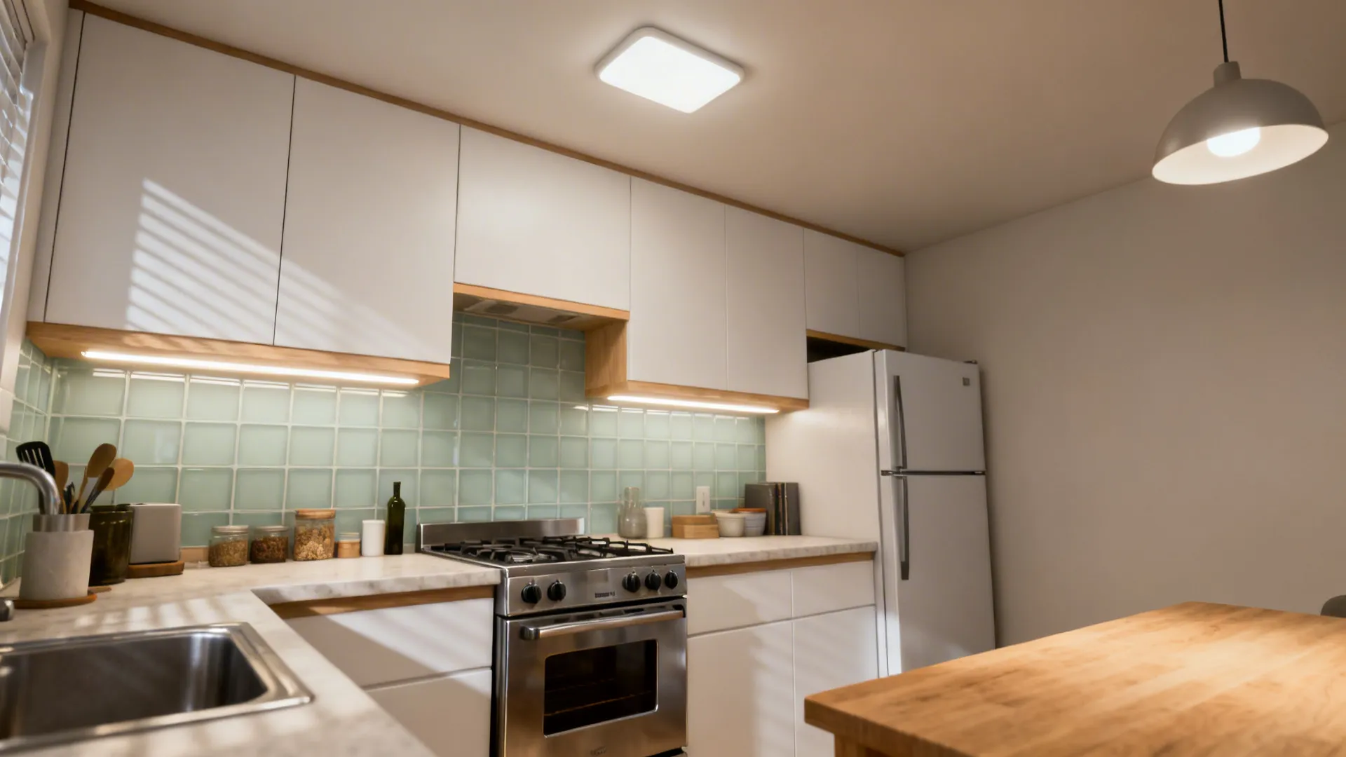 Compact 24-inch range and counter-depth fridge with layered warm LED lighting in a small kitchen.