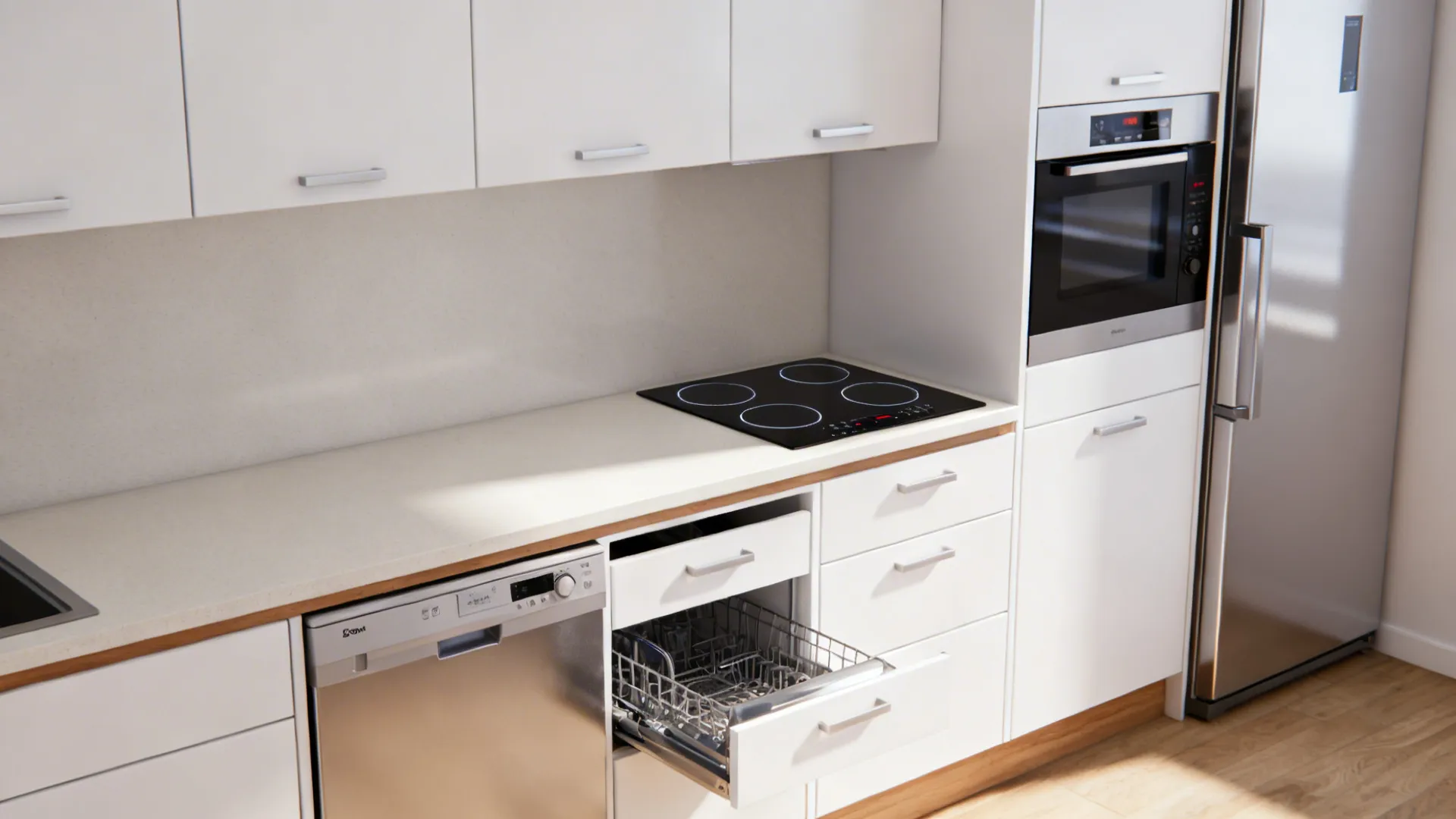 Small modular kitchen with a 45 cm dishwasher, two-burner induction, and a combo microwave-oven.